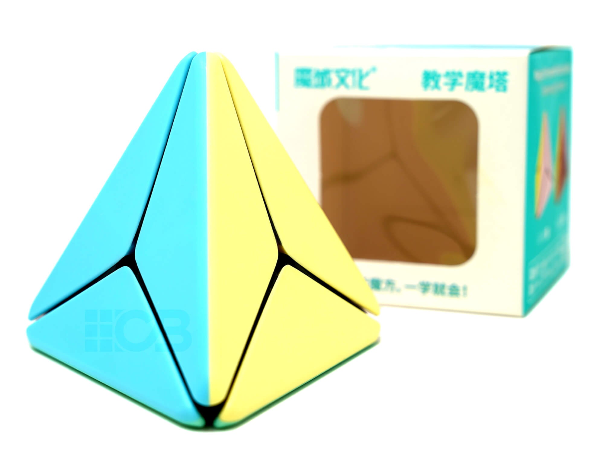 Pyraminx Boomerang Pastel MoYu — visão de perfil mostrando os movimentos possíveis