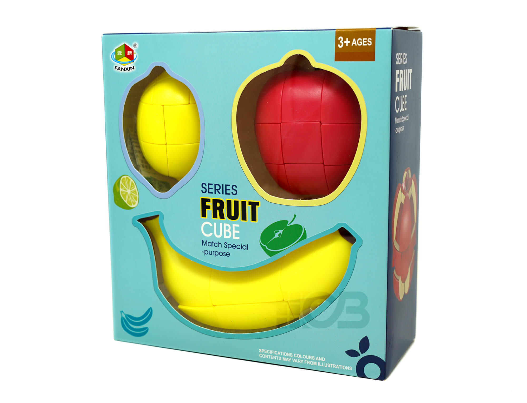Kit com três cubos mágicos formato fruta Fanxin: maçã, banana e limão lado a lado