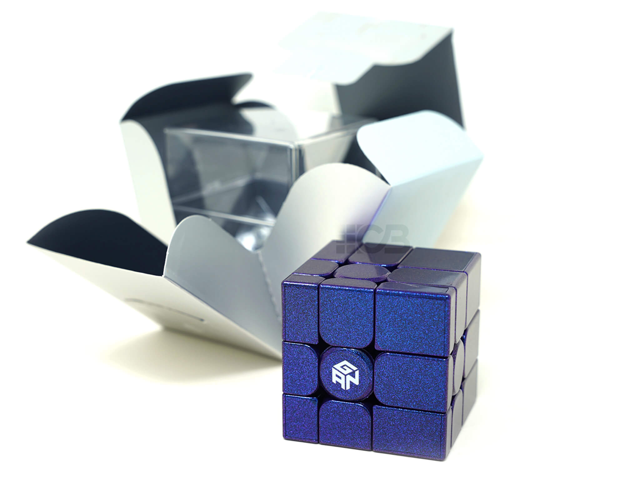 Mirror Blocks 3x3 GAN roxo UV magnético — vista frontal com cubo resolvido mostrando o acabamento espelhado