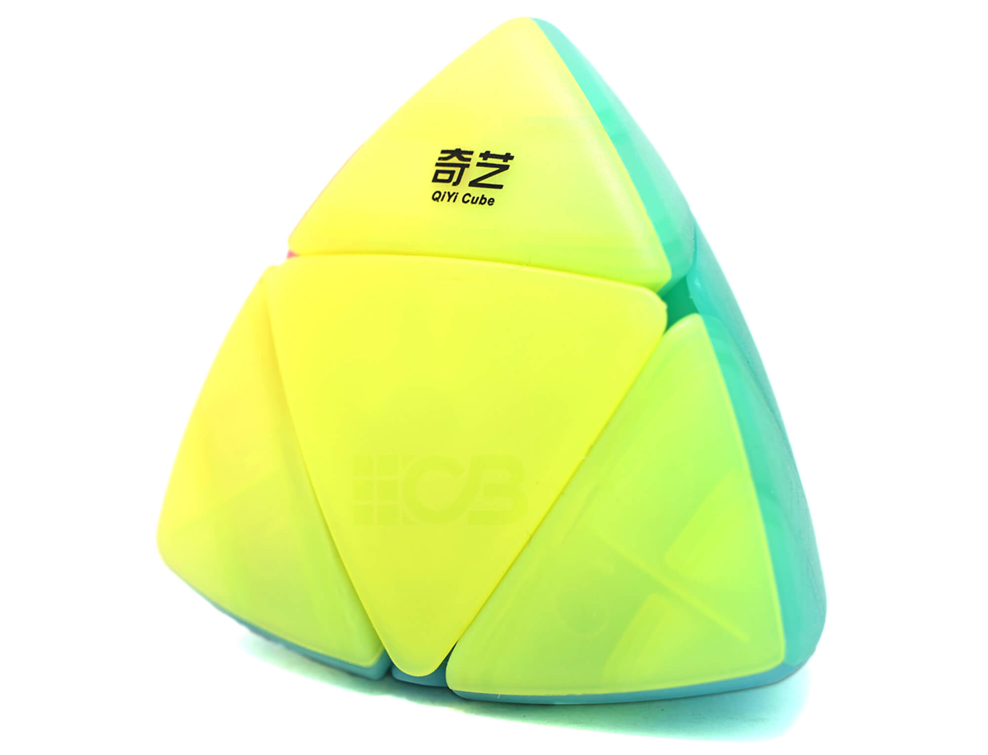 Mastermorphix 2x2 Jelly QiYi em formato piramidal com peças translúcidas coloridas, vista frontal
