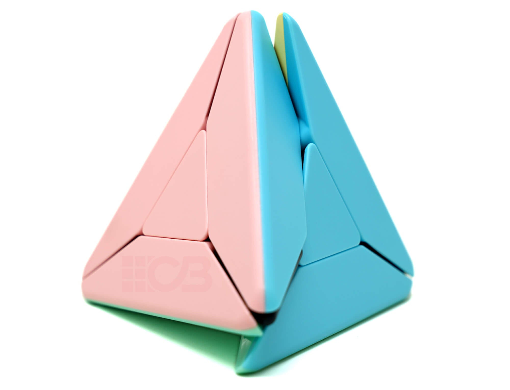 Pyraminx Pastel MoYu em ângulo lateral evidenciando o formato de pirâmide