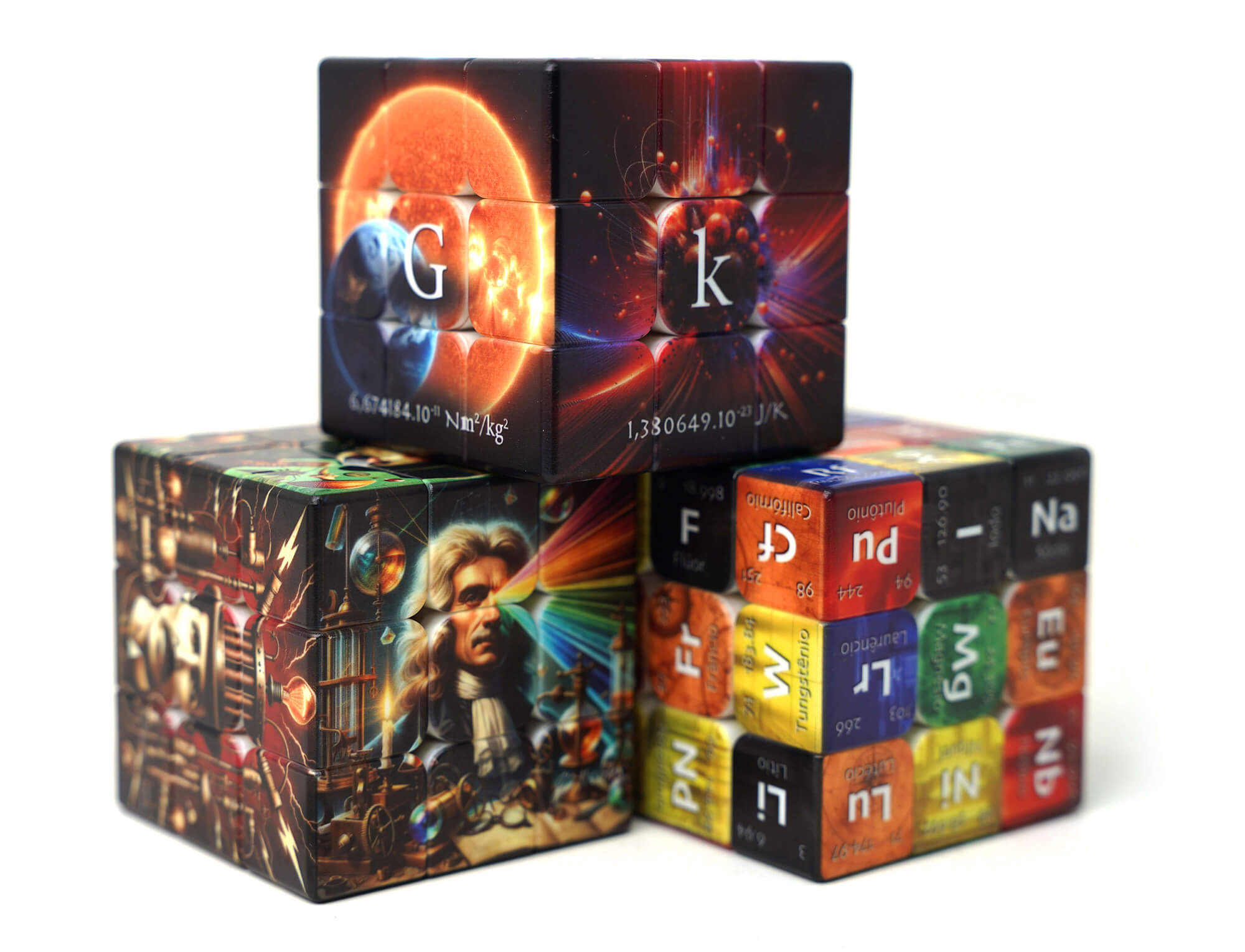 Kit com 5 Cubos Mágicos 3x3 personalizados Manual do Mundo x Vinci Cube, visão frontal da coleção completa