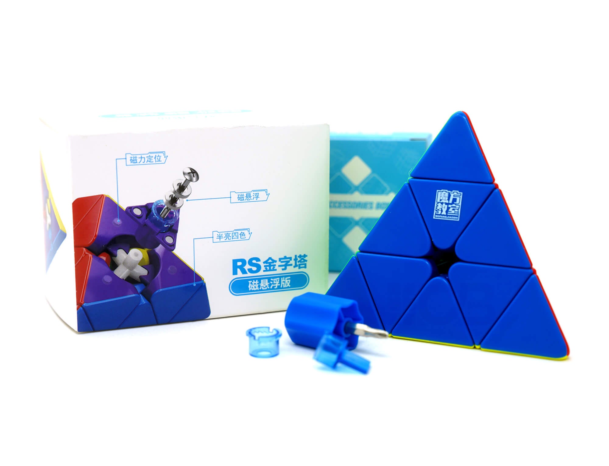 Pyraminx RS MagLev MoYu — ângulo lateral evidenciando o acabamento stickerless
