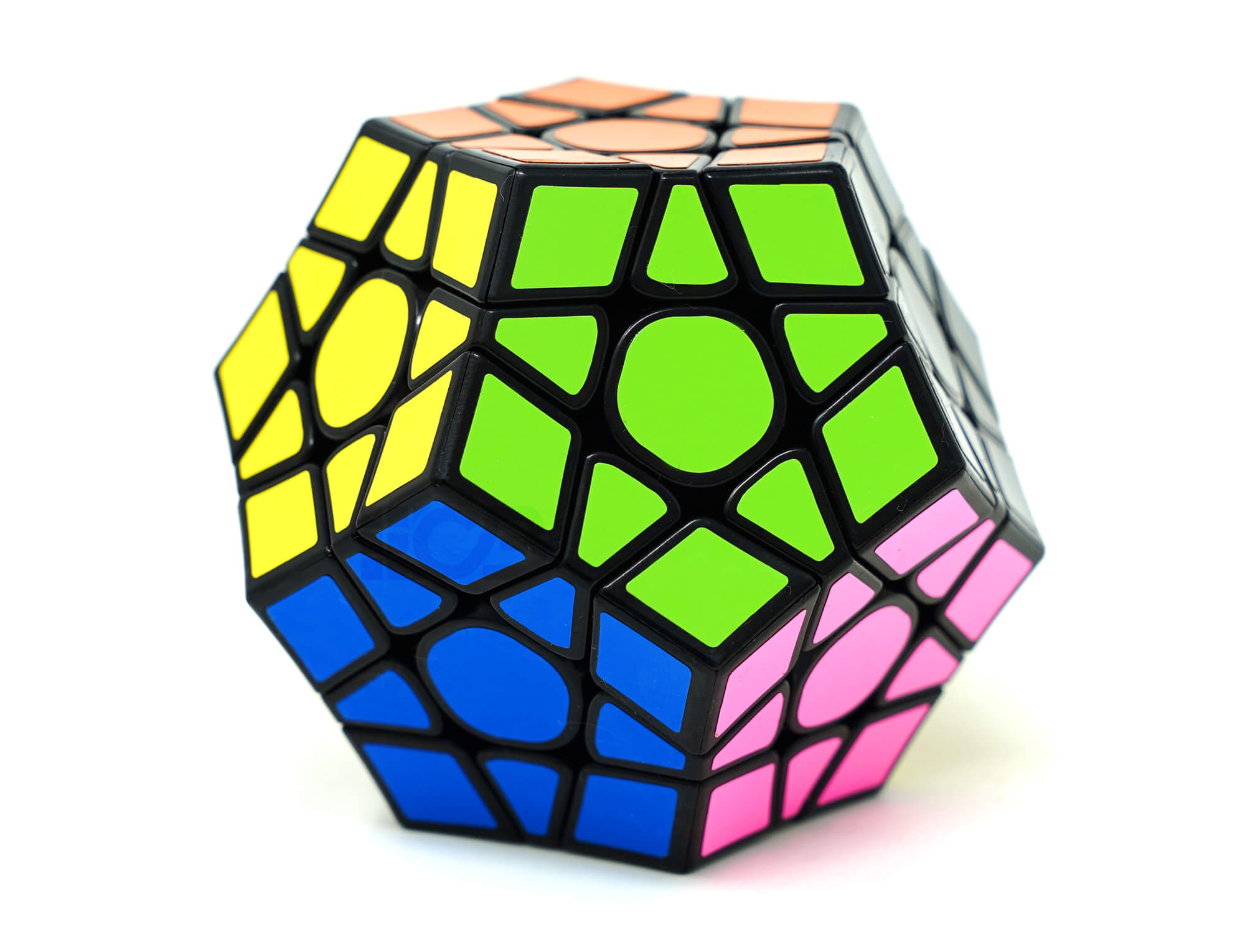Vista superior do Megaminx X-Man Galaxy V2 destacando a face central e os adesivos coloridos