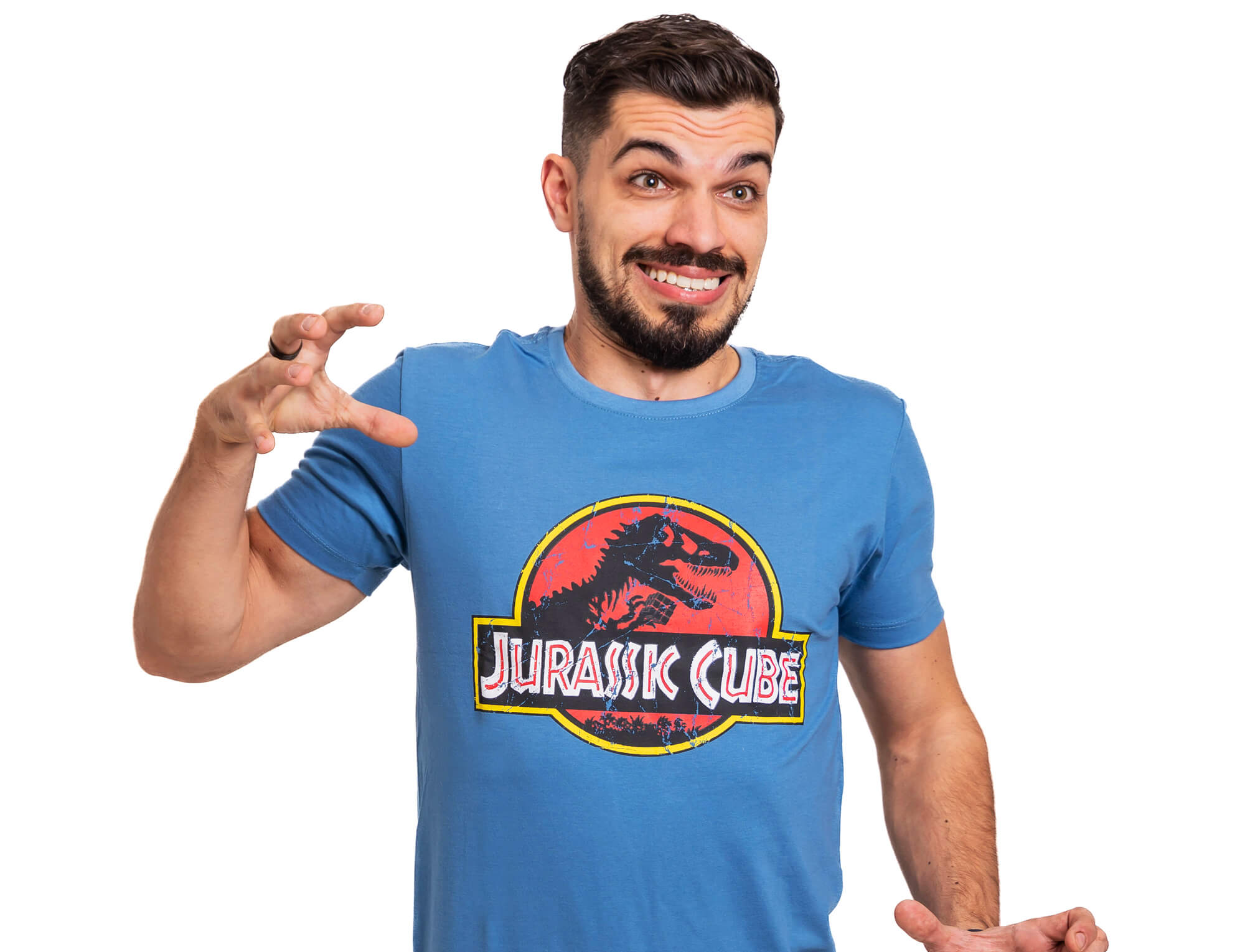 Camiseta masculina Jurassic Cube com estampa de cubo mágico e dinossauro, vista frontal