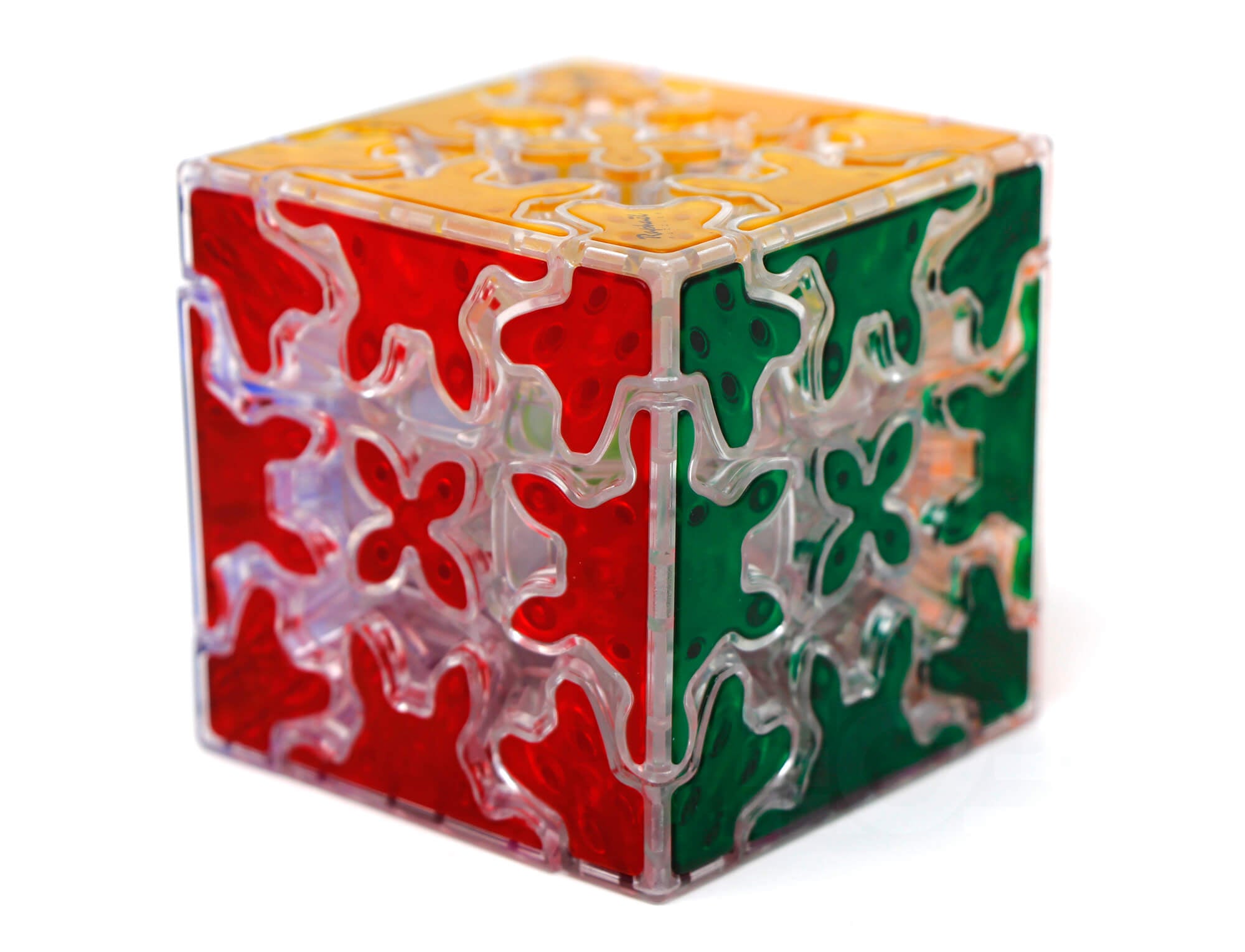 Gear Cube 3x3 transparente QiYi com engrenagens visíveis nas laterais — vista frontal