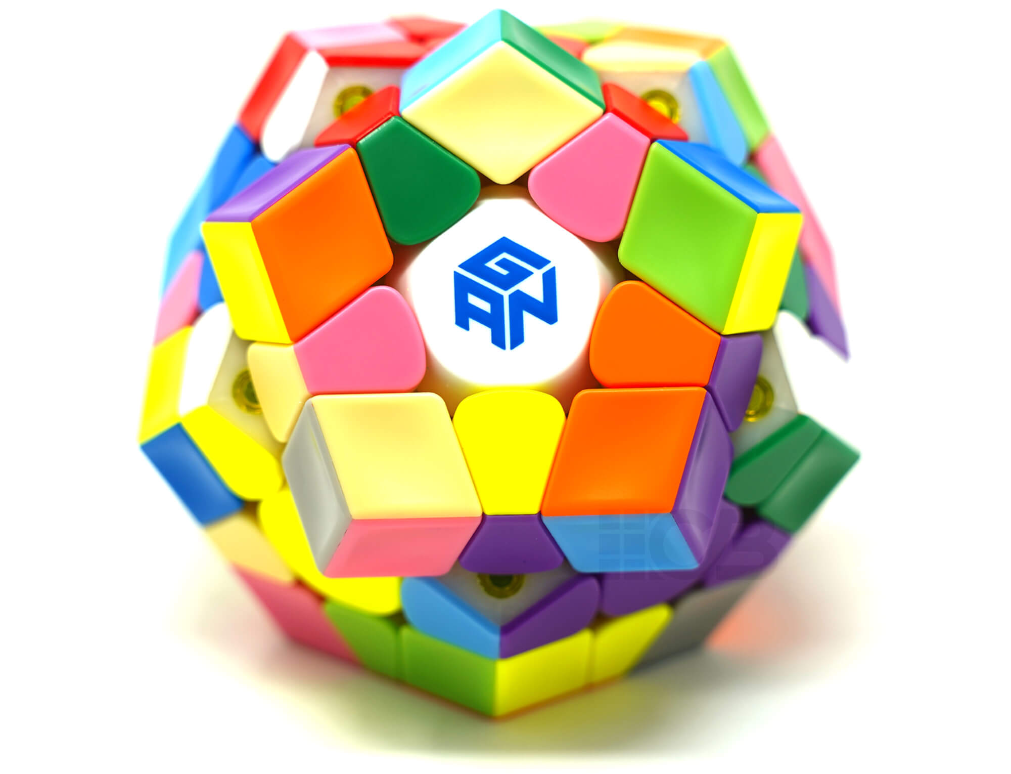 Megaminx GAN MagLev stickerless posicionado sobre superfície, visão superior das faces