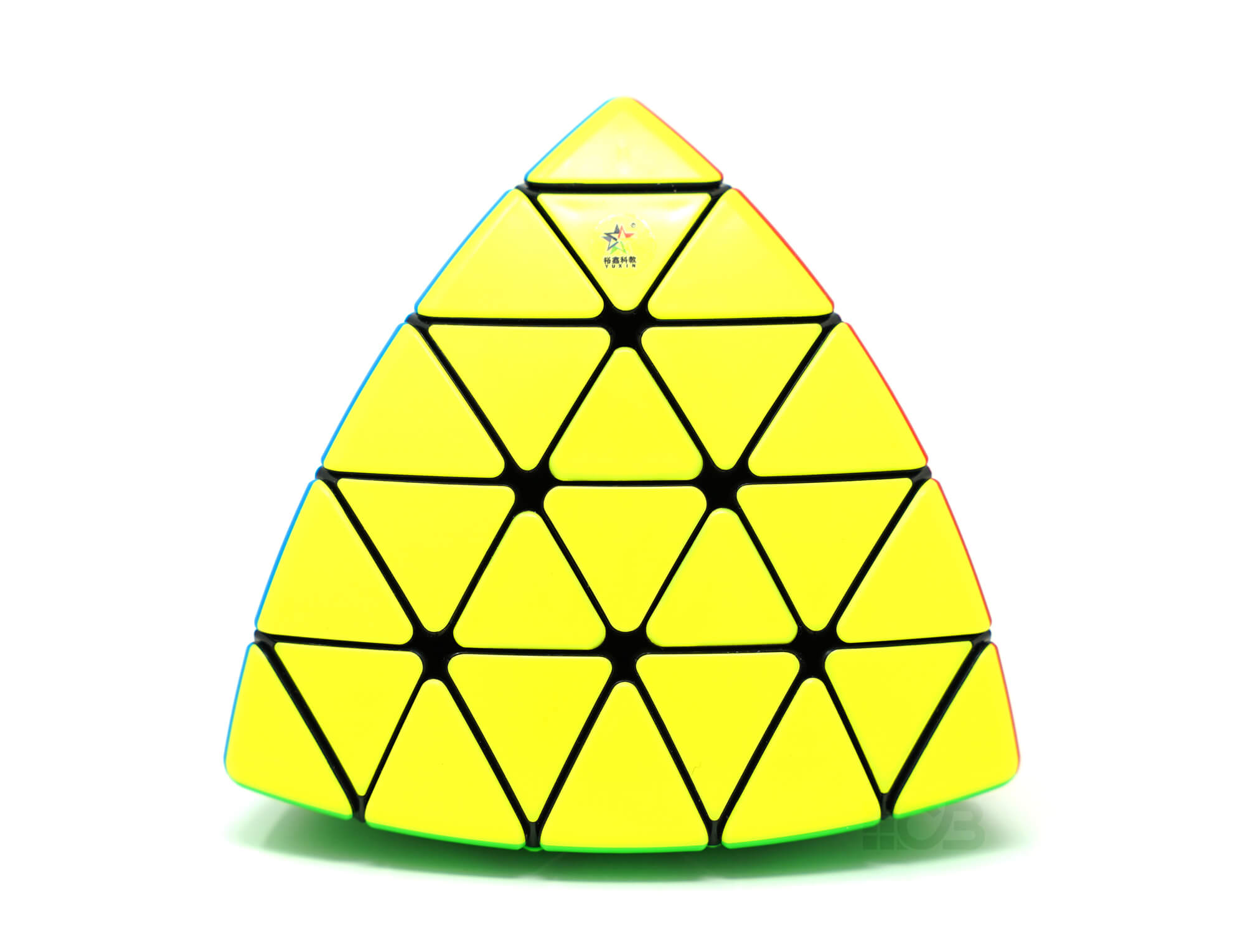 Pyraminx 5x5 YuXin Huanglong stickerless — vista frontal mostrando as cinco camadas da pirâmide