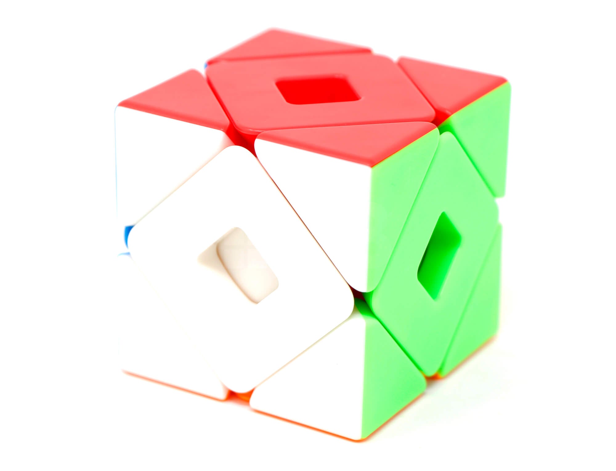 Double Skewb Meilong MoYu stickerless — detalhe das peças coloridas e do mecanismo de giro