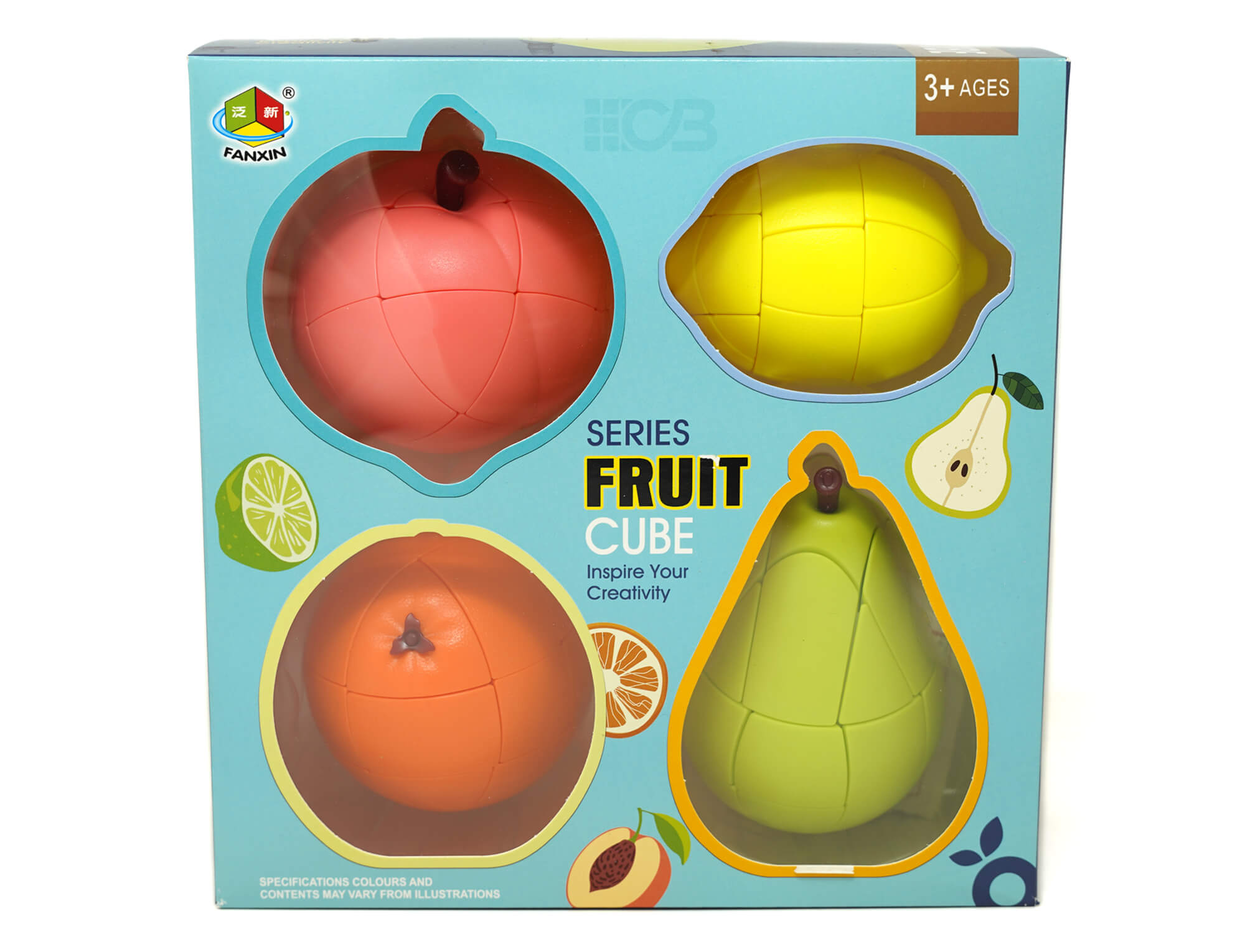 Kit com 4 cubos mágicos shape mod Fanxin Frutas: pêssego, laranja, pera e limão sobre fundo branco