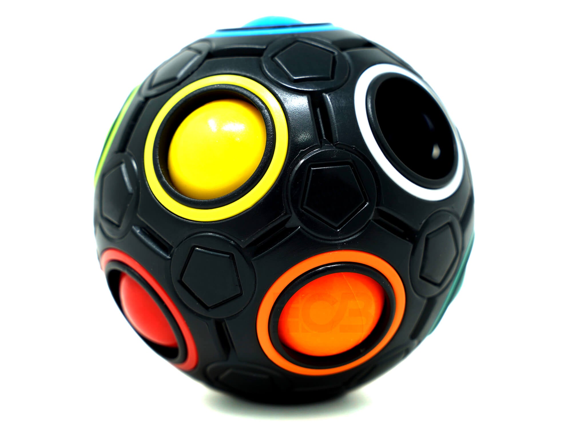 Vista lateral do Rainbow Ball Fanxin preto mostrando a movimentação das bolinhas coloridas
