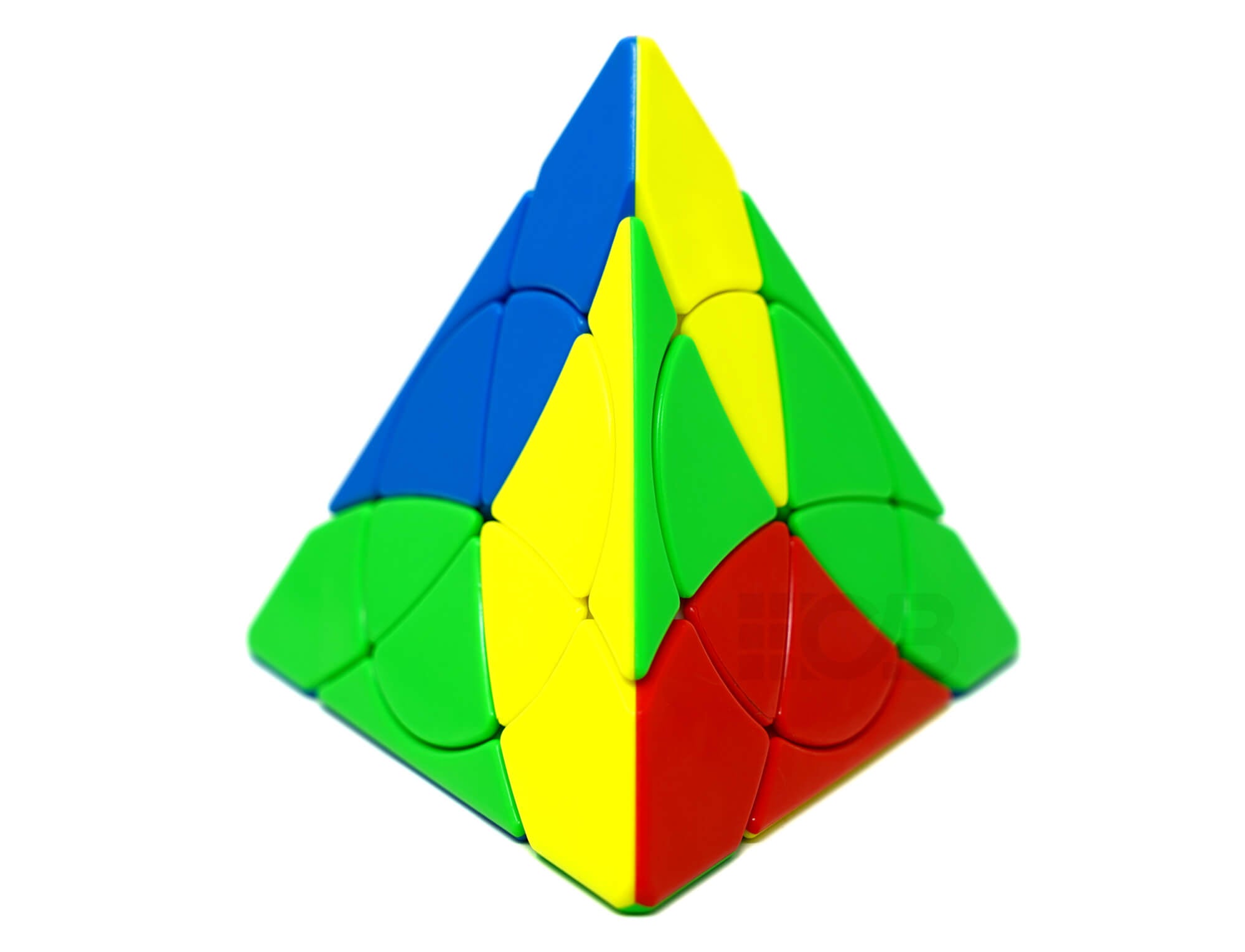 Pyraminx Petal YJ stickerless em vista frontal mostrando os círculos rotativos nas faces coloridas
