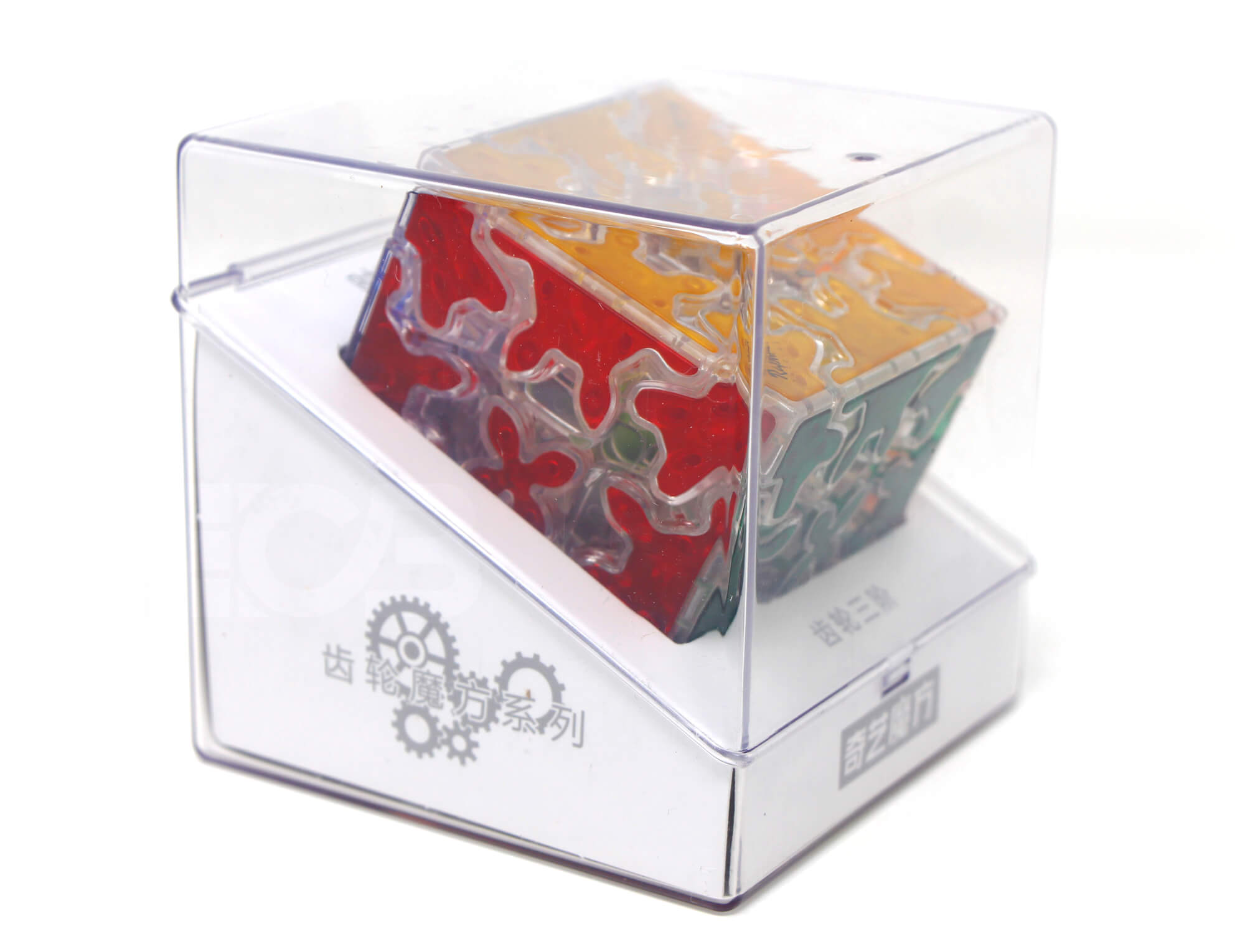 Gear Cube transparente QiYi em ângulo lateral mostrando o mecanismo de engrenagens