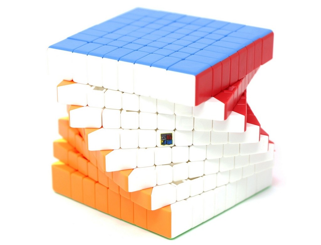 Detalhe das peças stickerless do Cubo Mágico 8x8 Meilong MoYu em cores vibrantes