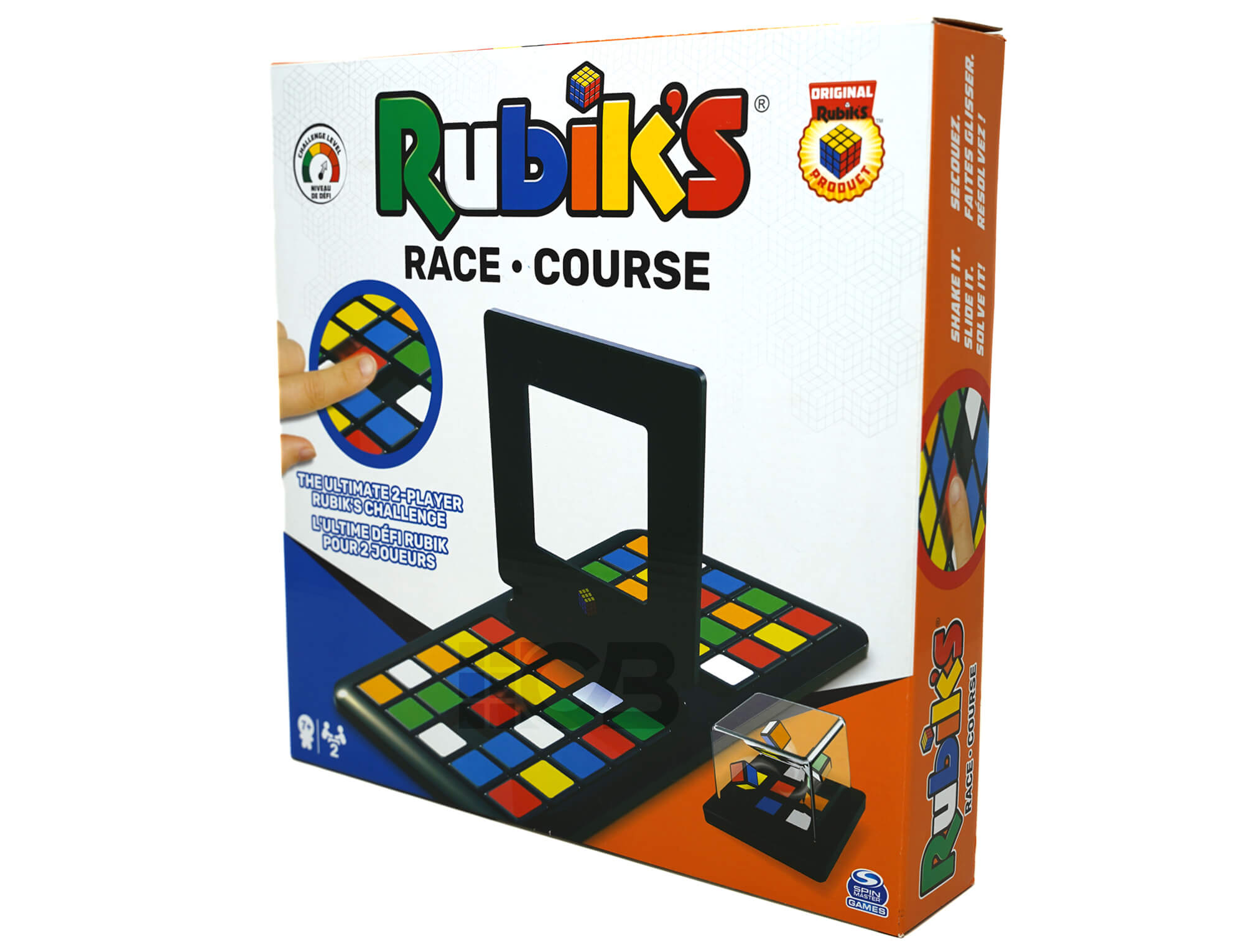 Conteúdo completo da caixa do Rubik's Race com tabuleiro, peças e gerador de padrão
