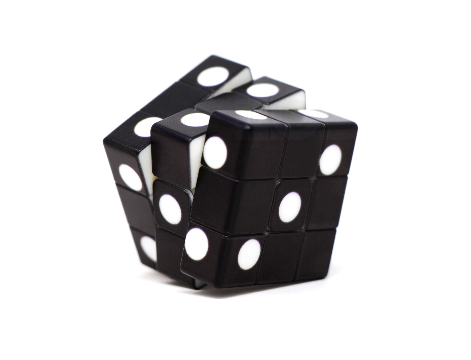 Mini cubo mágico dado personalizado Vinci Cube, ângulo lateral destacando a impressão colorida