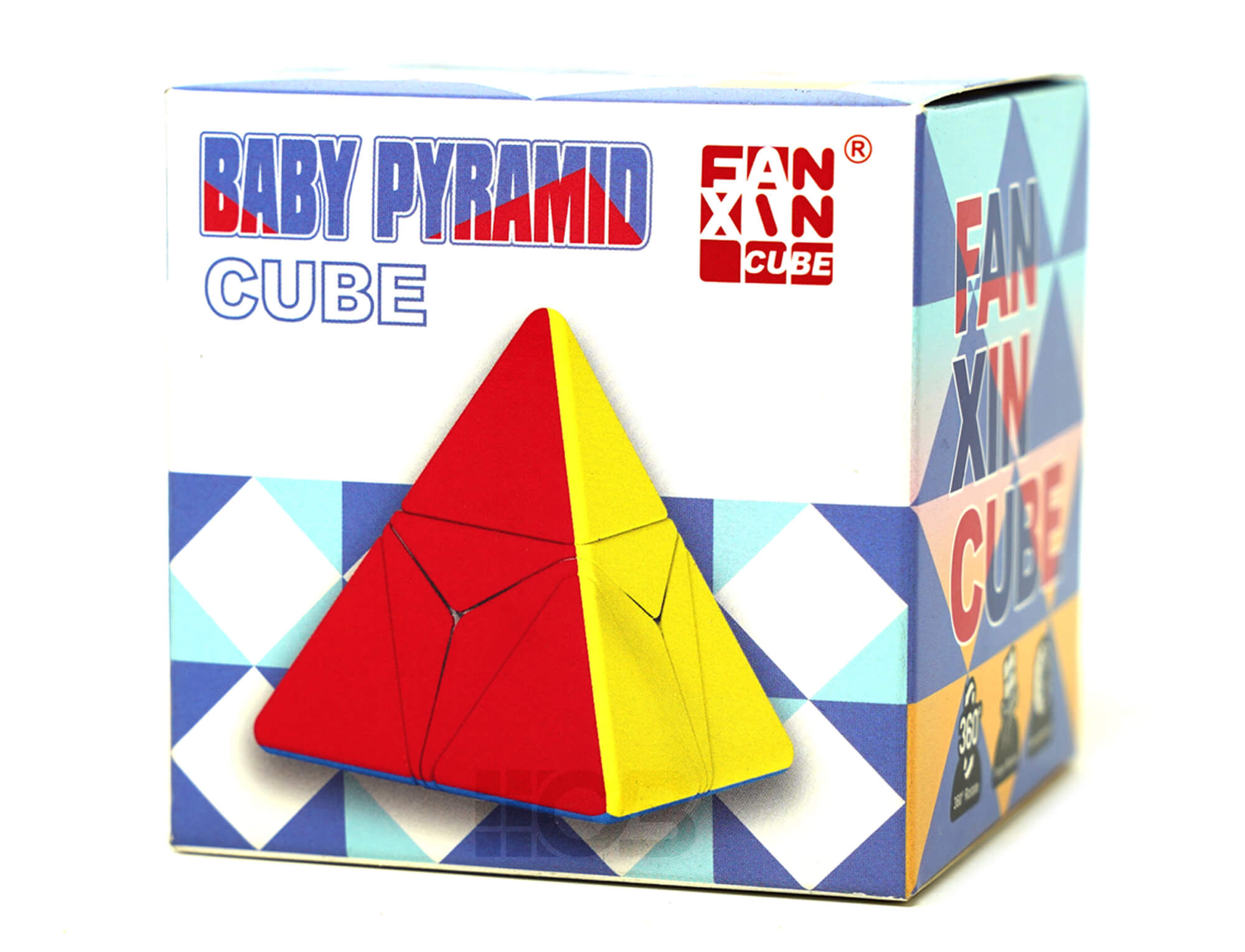 Pyraminx Pyramid Baby Fanxin compacto ao lado de referência de tamanho
