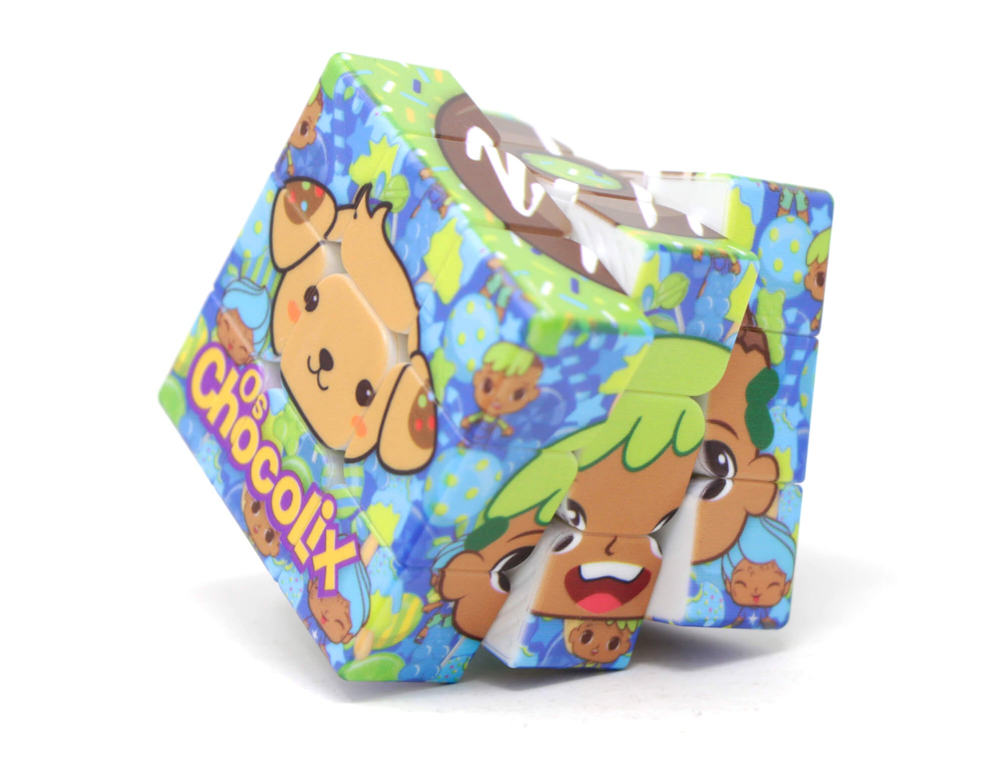 Quatro modelos colecionáveis do Cubo Mágico personalizado Os Chocolix juntos