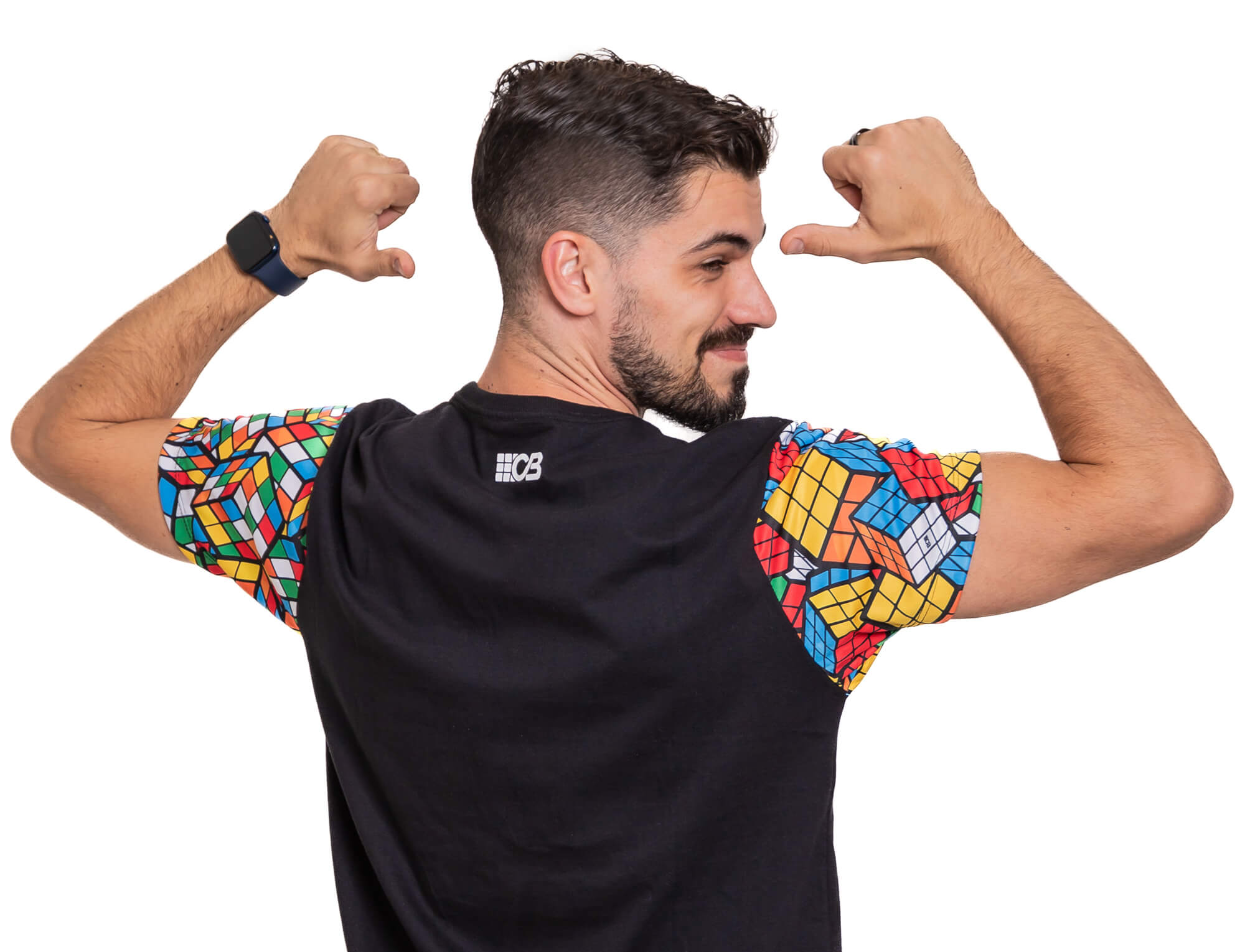 Camiseta masculina manga mágica com estampa de Cubo Mágico — vista frontal