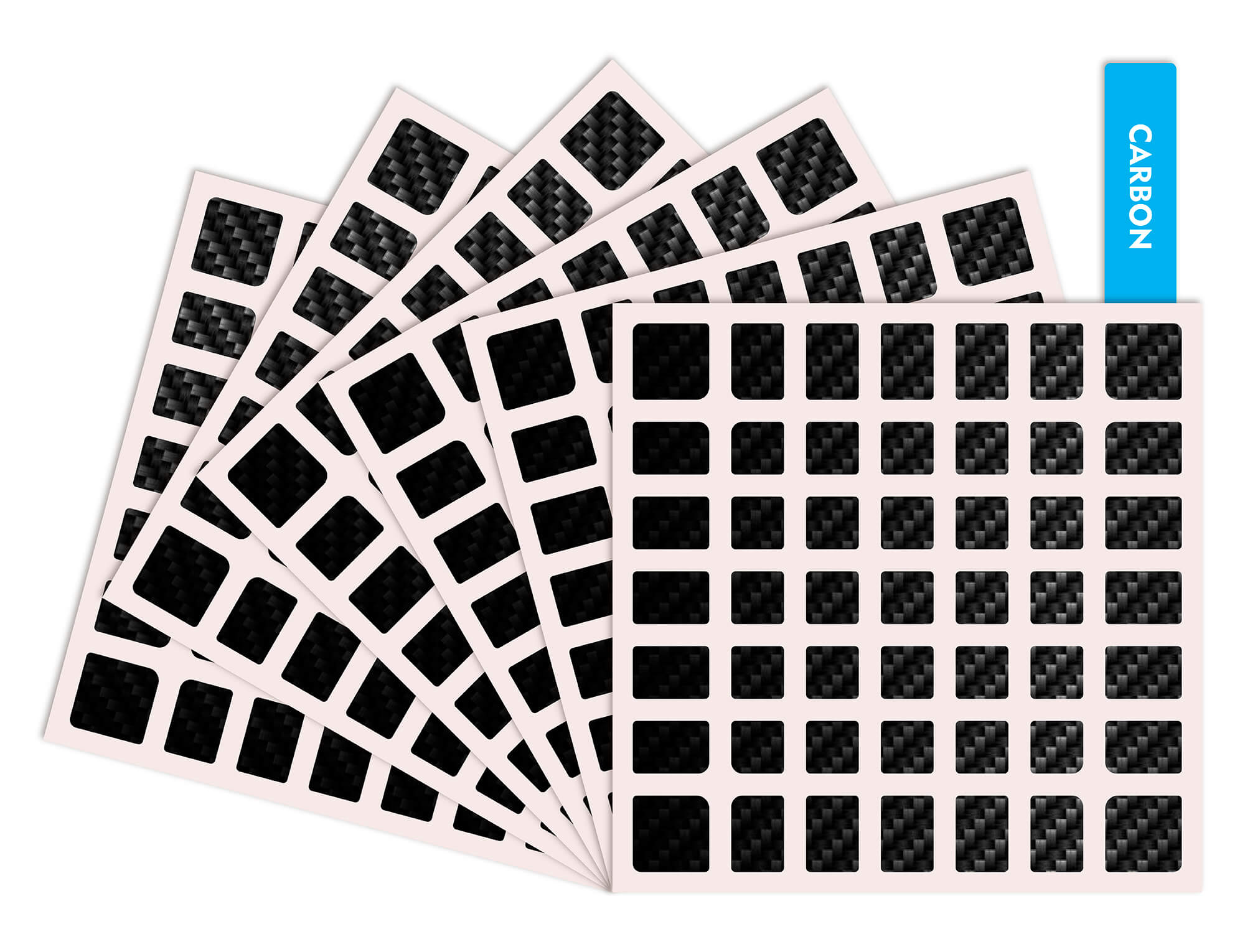 Kit adesivos 7x7 70 mm ao lado do cubo para referência de tamanho