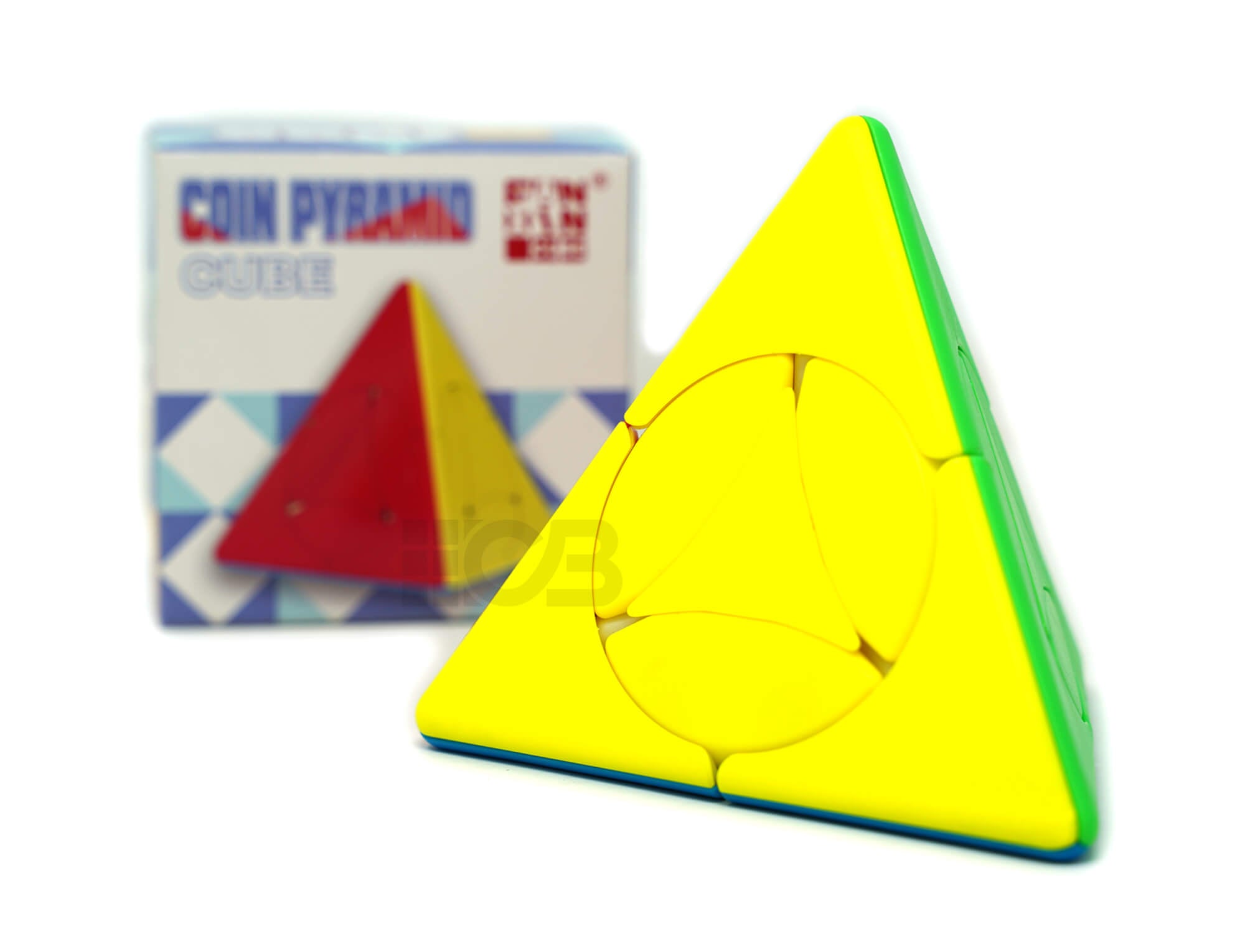 Pyraminx Pyramid Coin Fanxin colorido — ângulo lateral evidenciando o mecanismo de giro estilo moeda