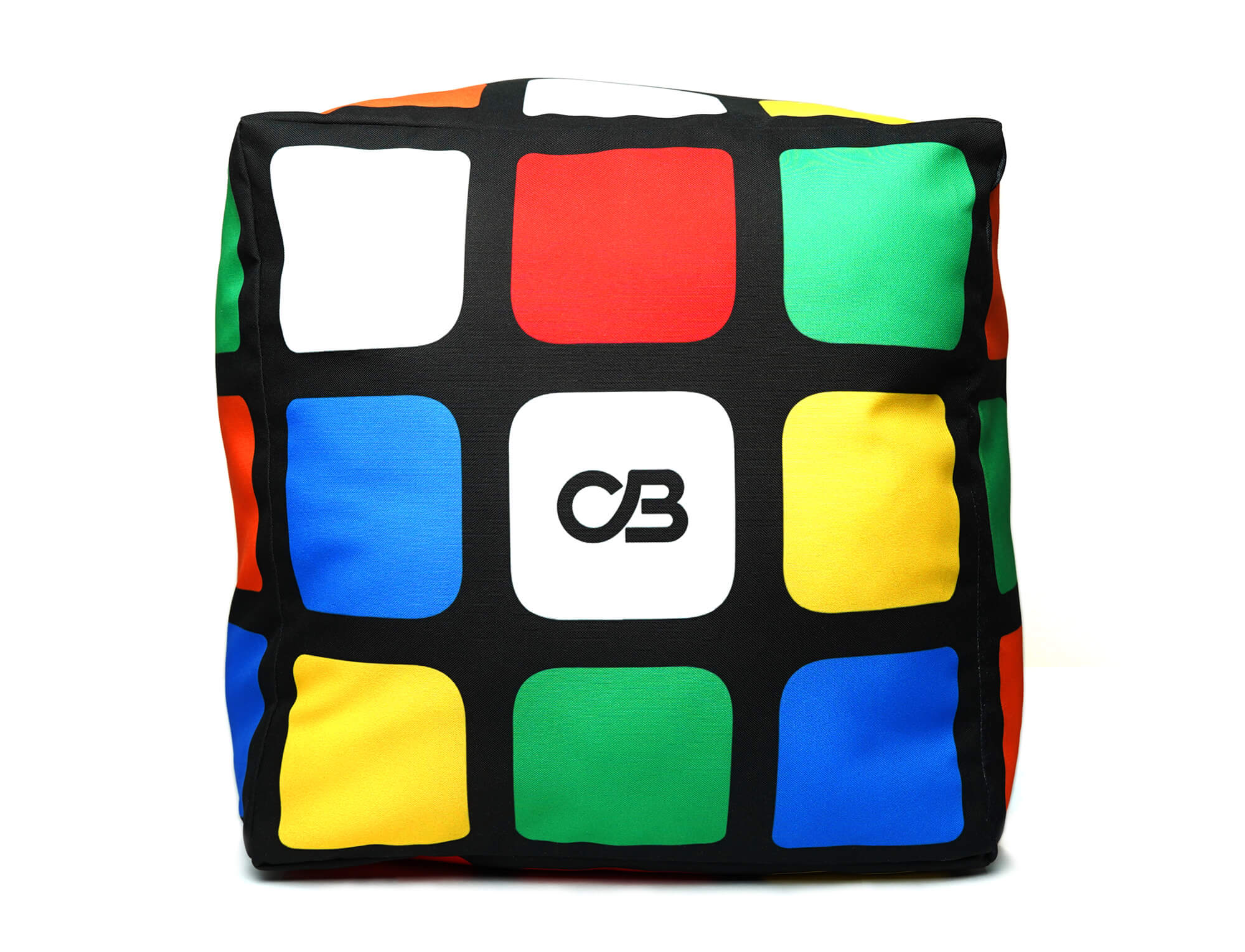 Almofada decorativa Cubo Mágico grande 30 cm com impressão colorida nas seis faces sobre fundo branco