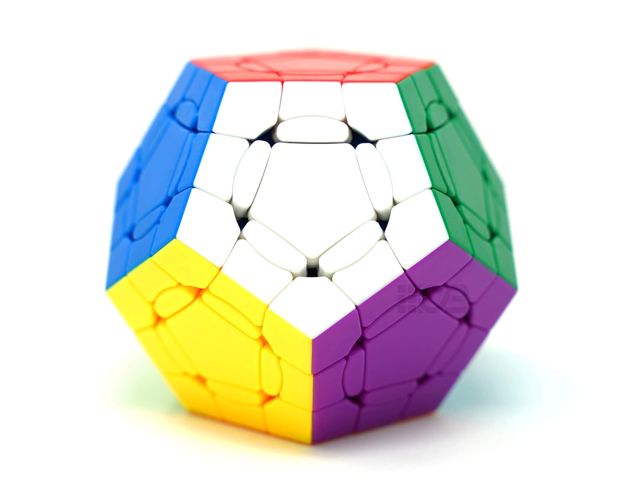 Megaminx SengSo Crazy Colorido em ângulo três-quartos, evidenciando o acabamento stickerless