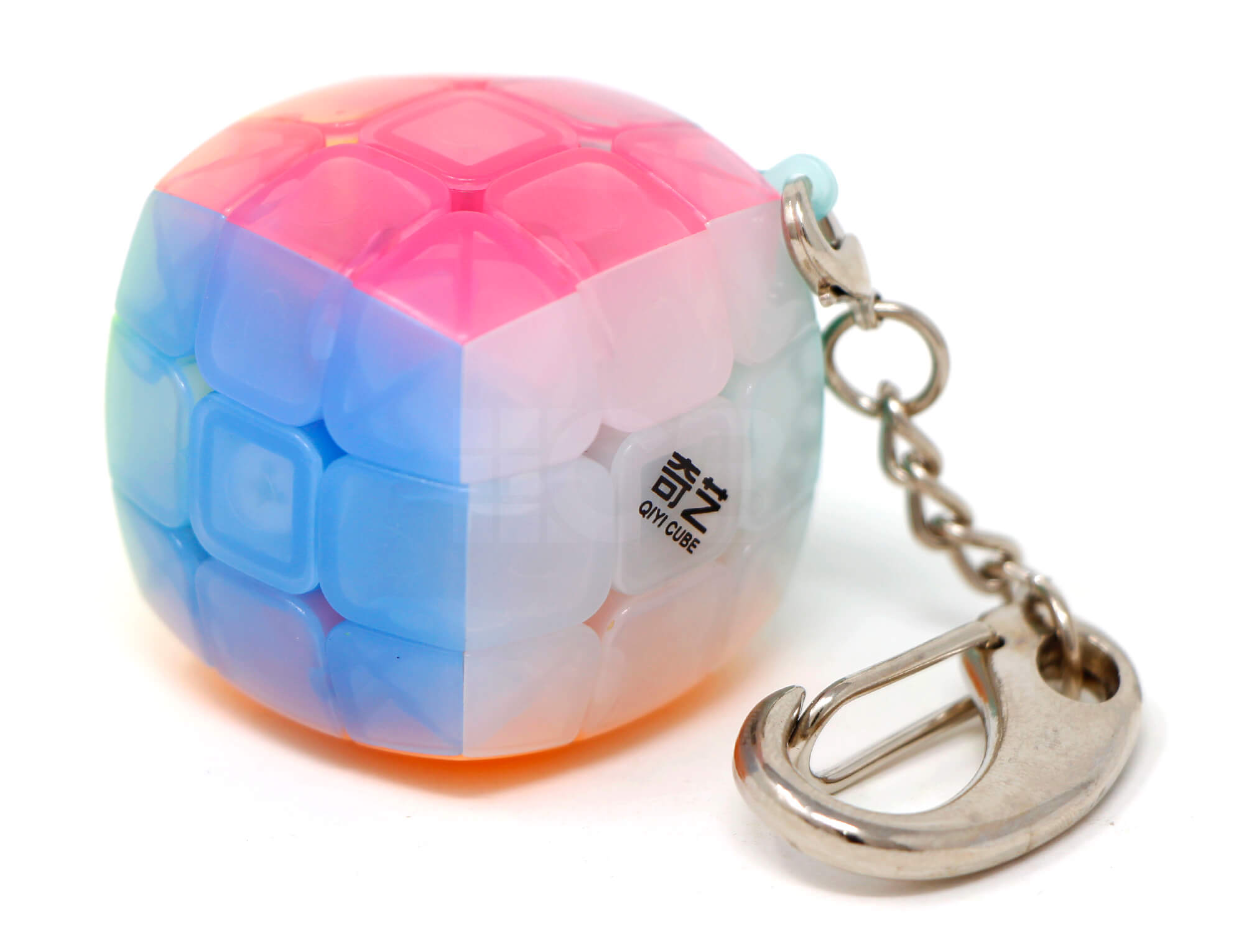 Cubo Mágico chaveiro QiYi Pillow Jelly 3x3 mostrando o formato arredondado e o anel metálico de chaveiro