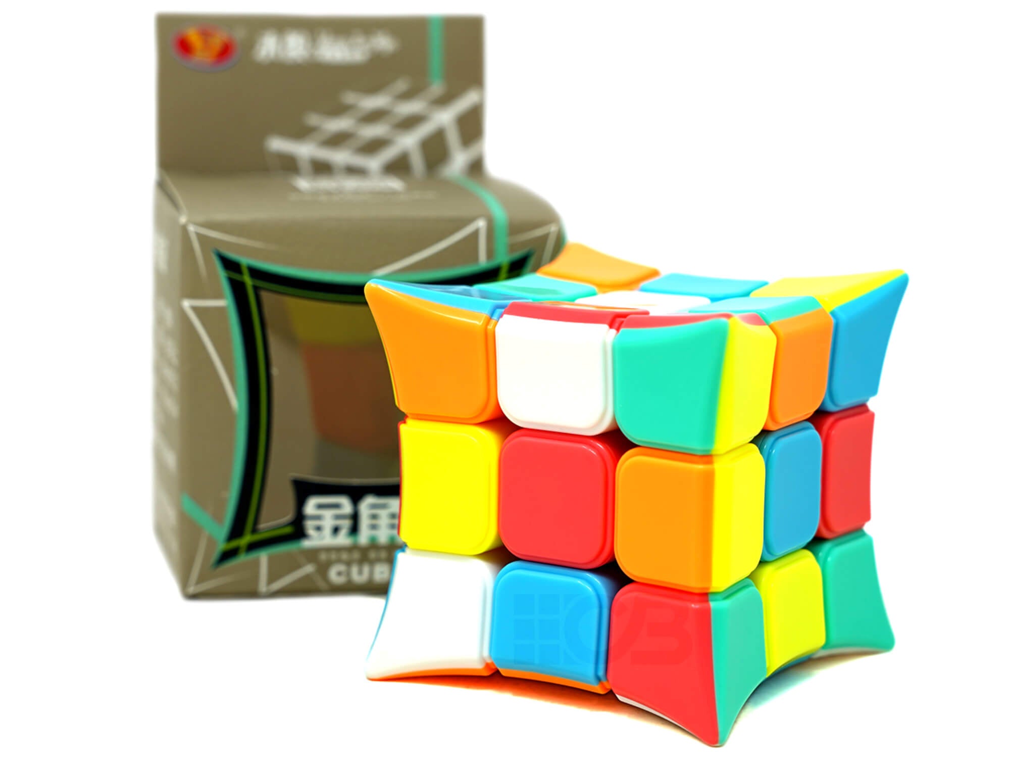 Cubo Mágico 3x3 Côncavo Pastel YJ em ângulo lateral mostrando o perfil côncavo das peças coloridas