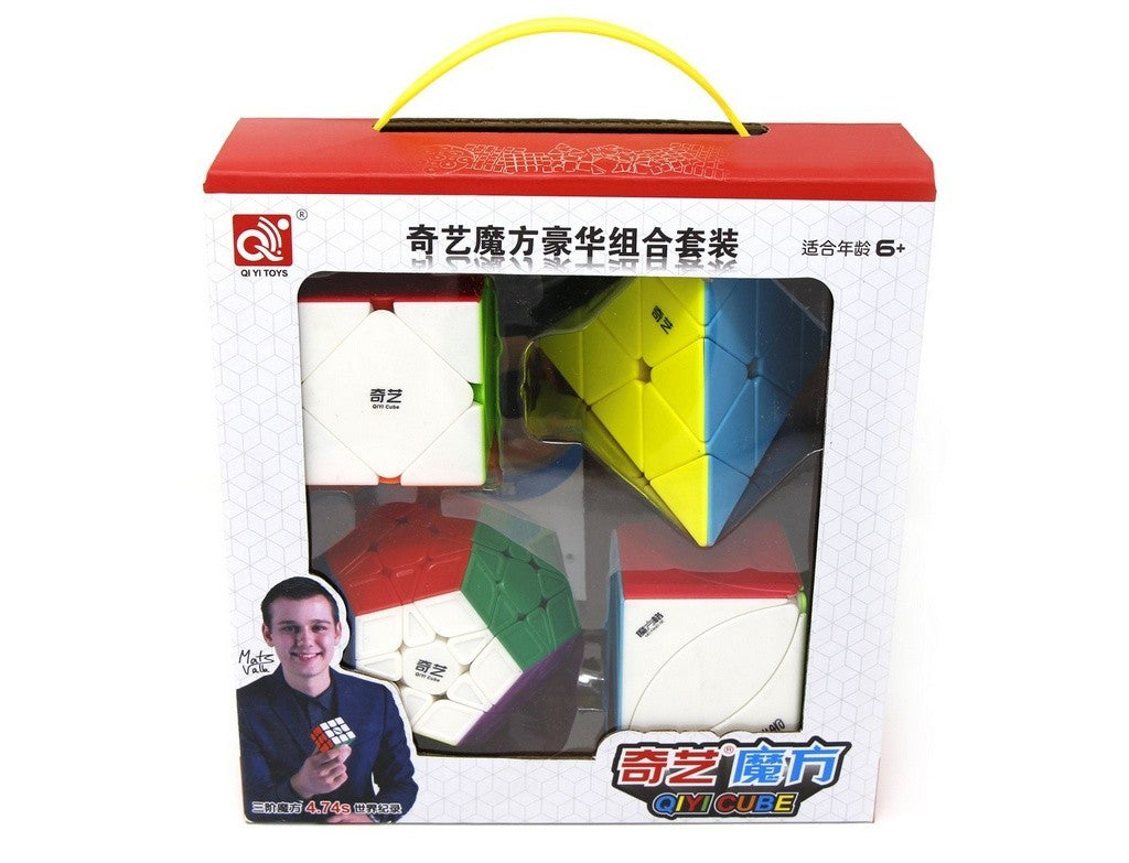 Kit QiYi stickerless com Megaminx, Pyraminx, Skewb e Ivy — vista frontal da caixa