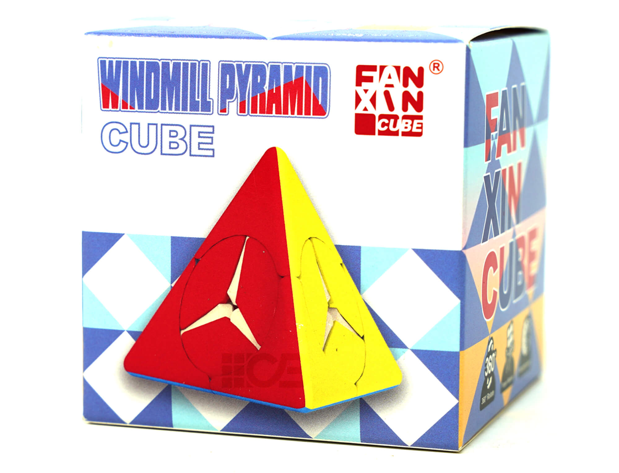 Pyraminx Windmill Fanxin colorido em ângulo lateral destacando o formato triangular