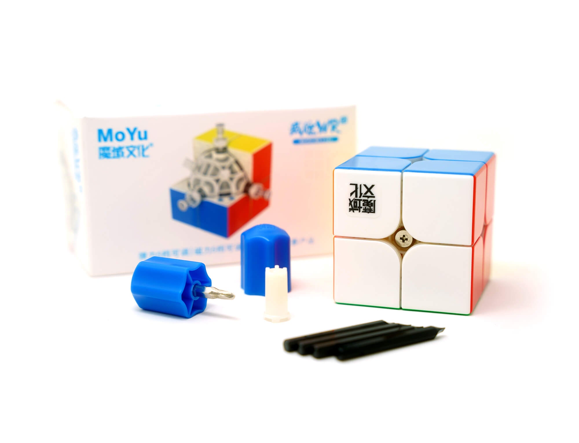Cubo Mágico 2x2 WeiPo WRS MoYu em ângulo lateral evidenciando o mecanismo e as peças coloridas