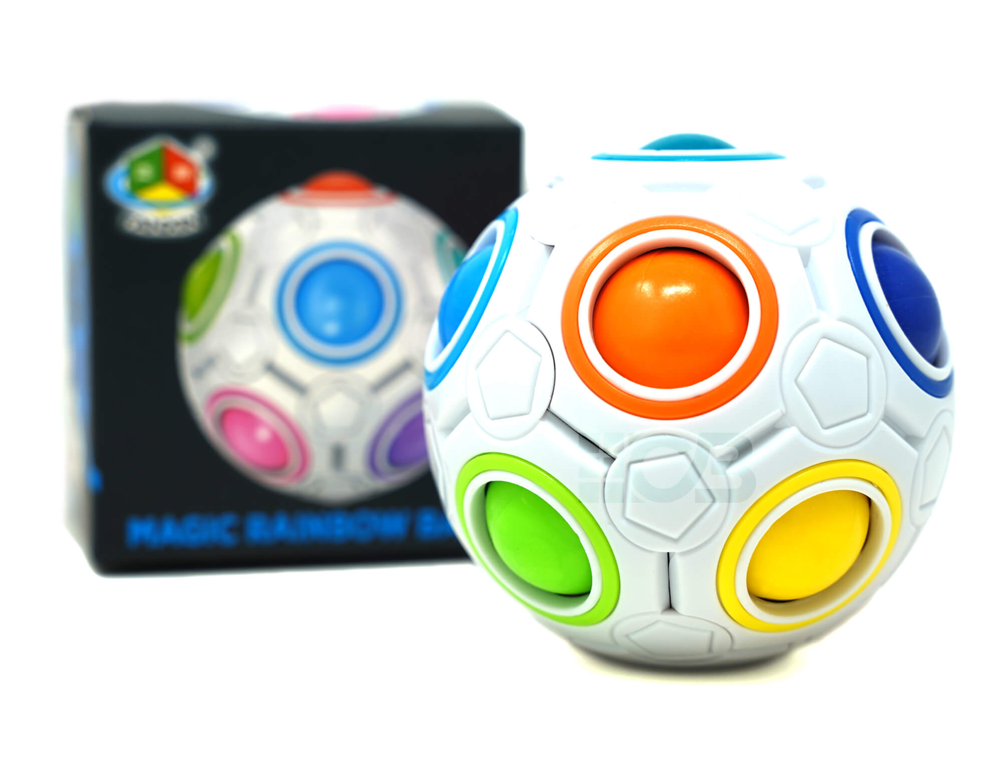 Vista lateral do Rainbow Ball Fanxin branco mostrando a estrutura dos orifícios