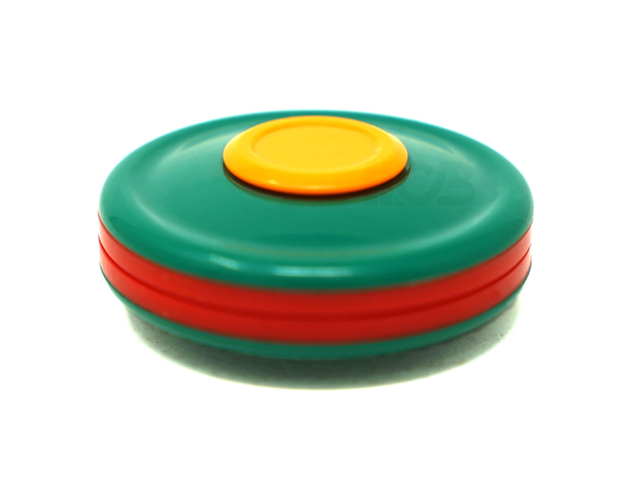 Haptic Coin Spinner QiYi verde com laranja — vista frontal mostrando os dois discos e o centro vermelho