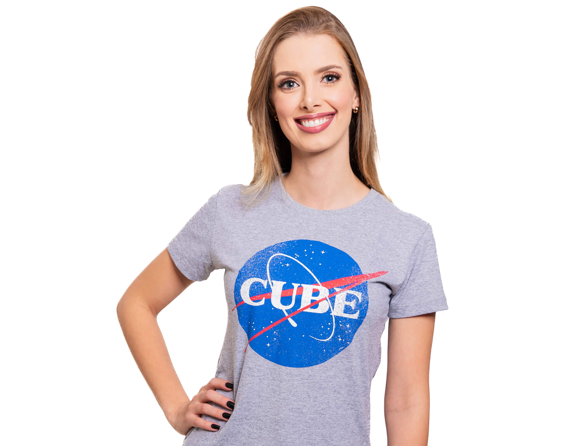 Baby look NASA com estampa espacial — vista frontal sobre fundo branco