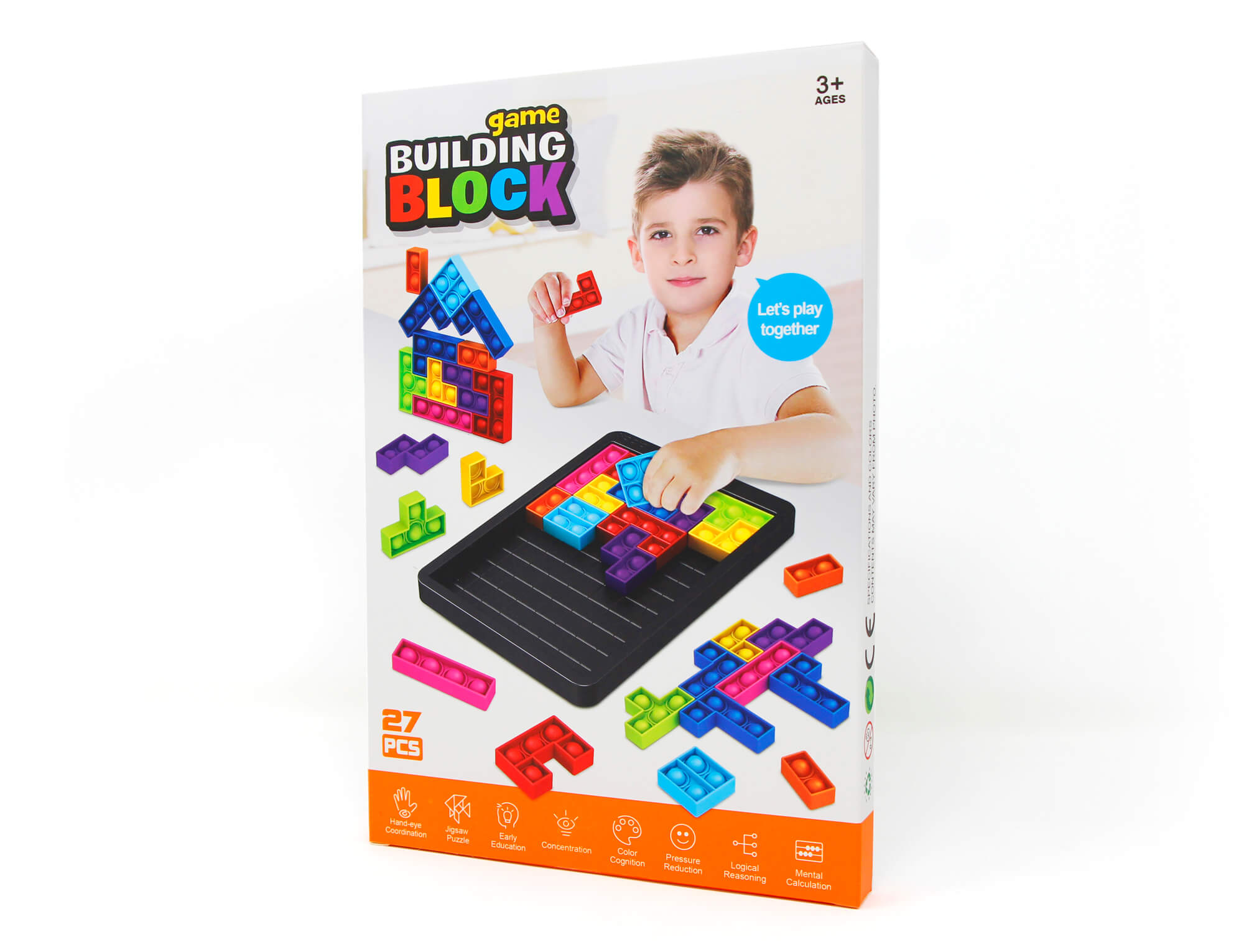 Peças de silicone multicoloridas do jogo Blocks Tetris Pop It Fidget sobre superfície branca