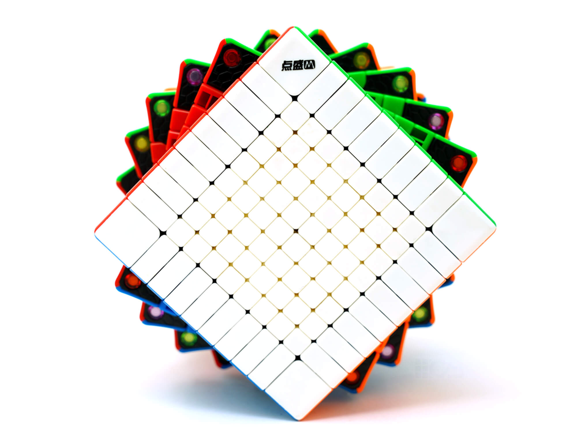 Detalhe das camadas do Cubo Mágico 10x10 Galaxy Diansheng com peças coloridas