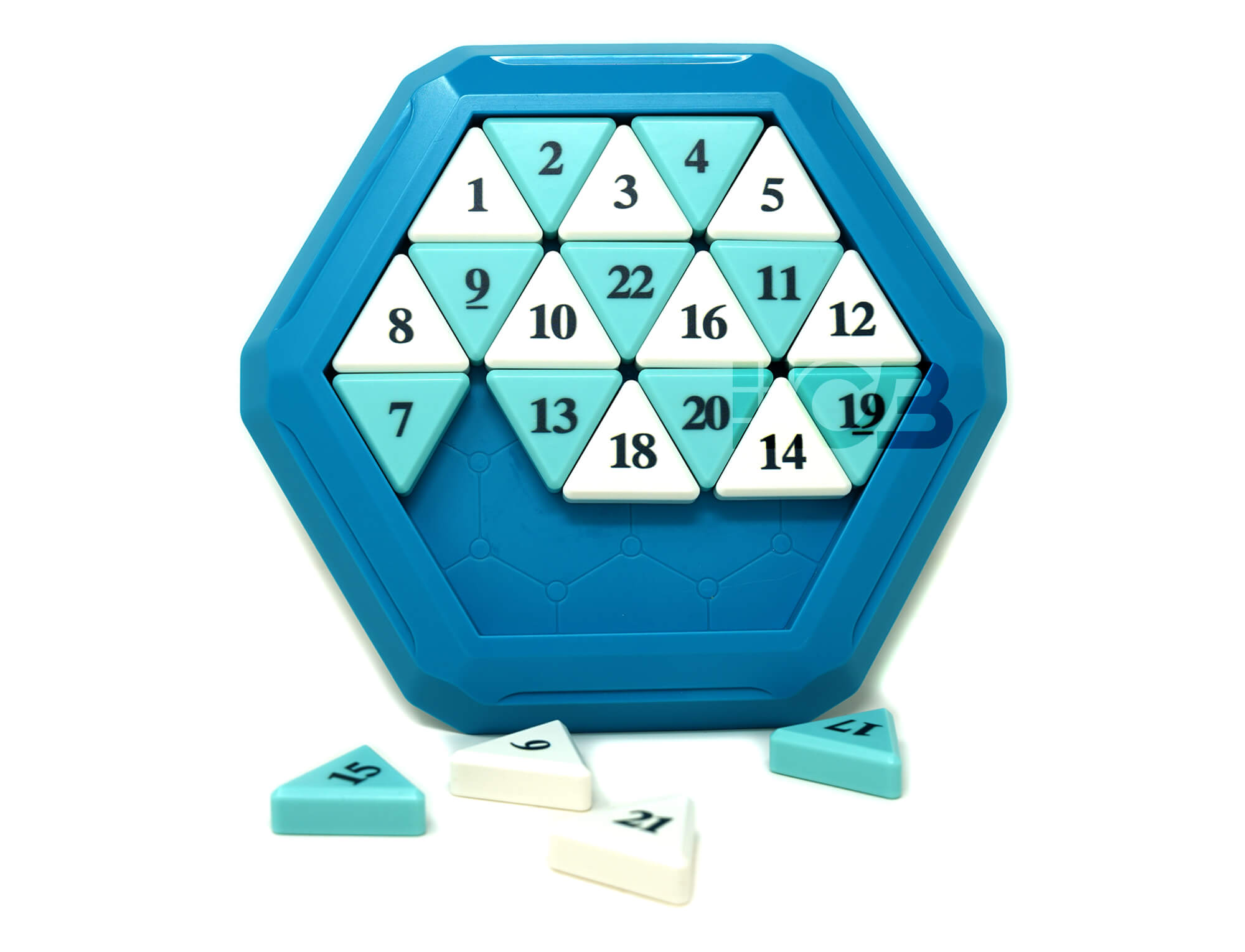 Vista lateral do Racha Cuca hexagonal QiYi azul destacando a profundidade das peças