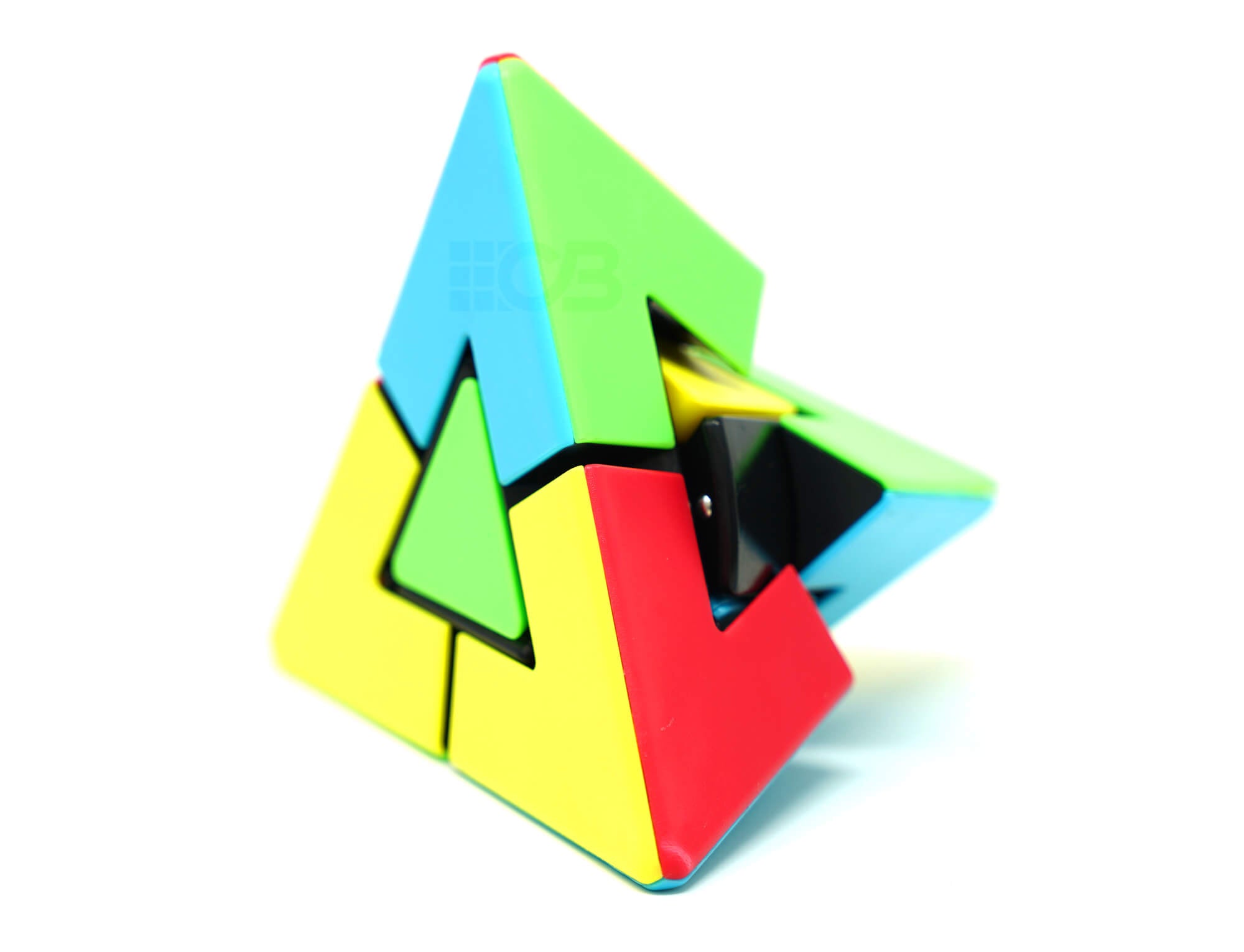Vista lateral do Pyraminx Duo Fanxin mostrando o mecanismo de giro