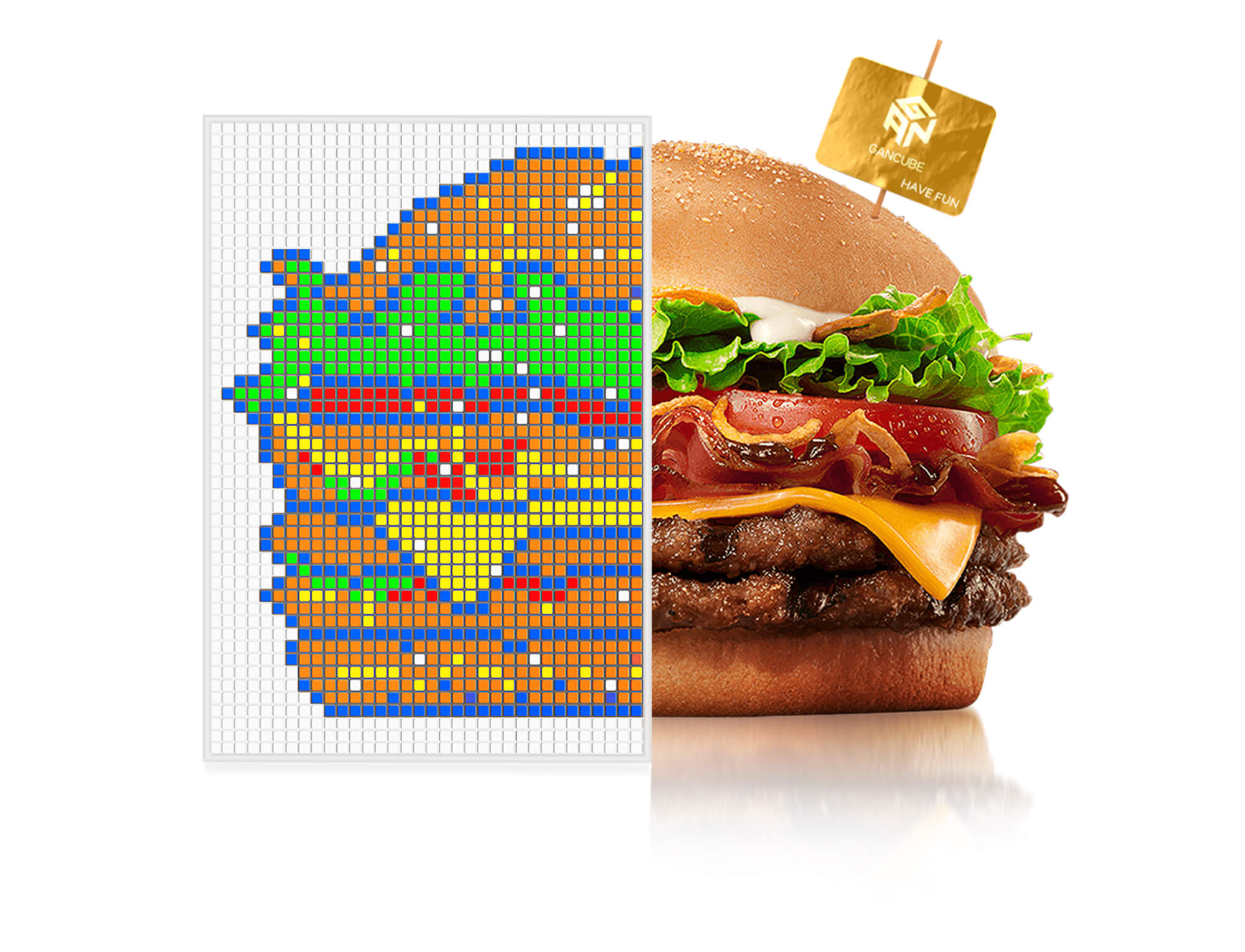 Exemplo de mosaico artístico criado com o GAN Mosaic Cube 10x10 — rosto pixelizado em cores