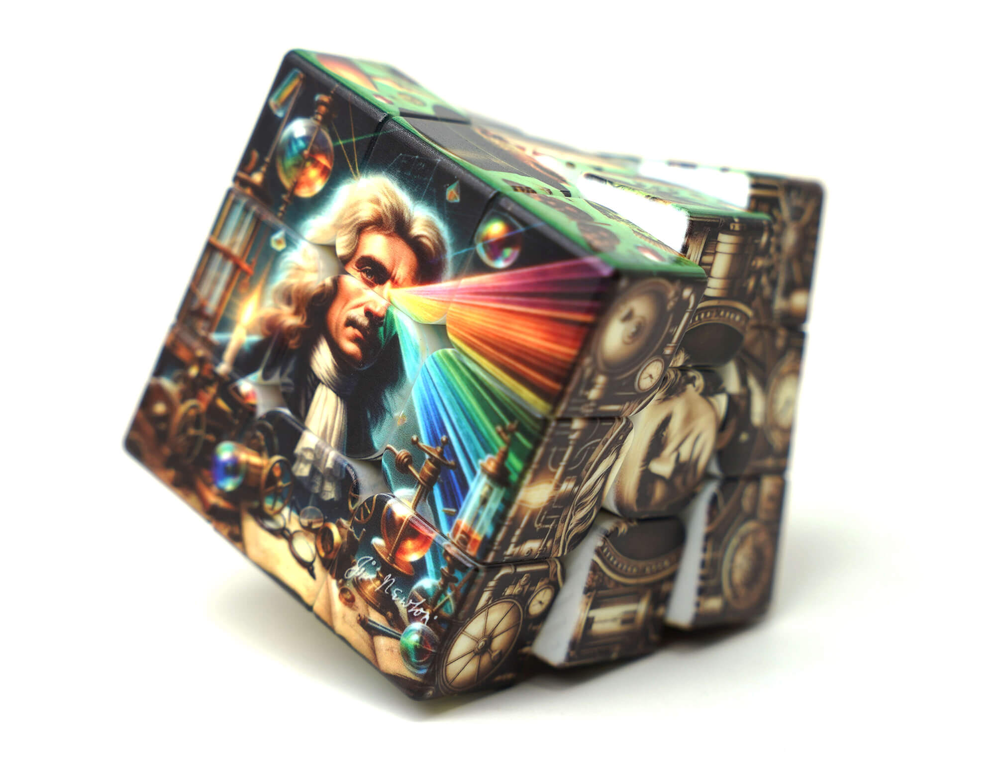 Cubo Mágico 3x3 Ciência Retrô Manual do Mundo com faces steampunk e cientistas icônicos — vista frontal