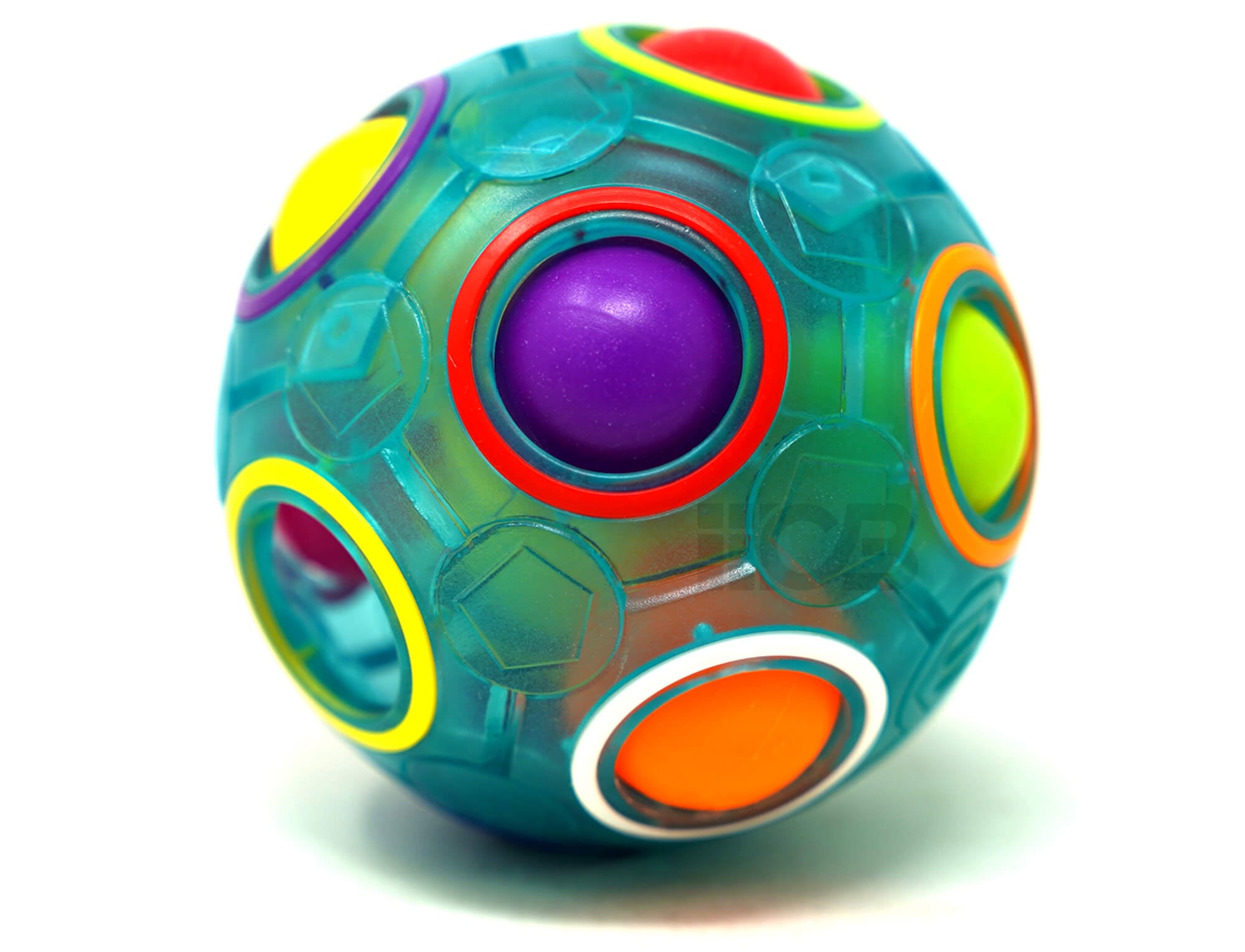 Rainbow Ball QiYi transparente azul com bolinhas coloridas posicionadas nos buracos da esfera
