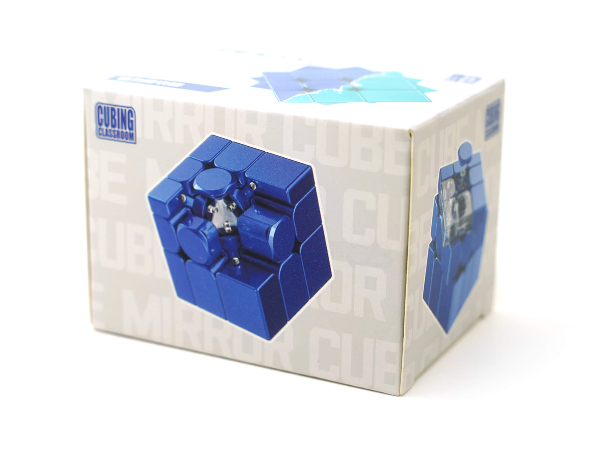 Mirror Blocks MoYu V2 azul UV em posição embaralhada sobre superfície