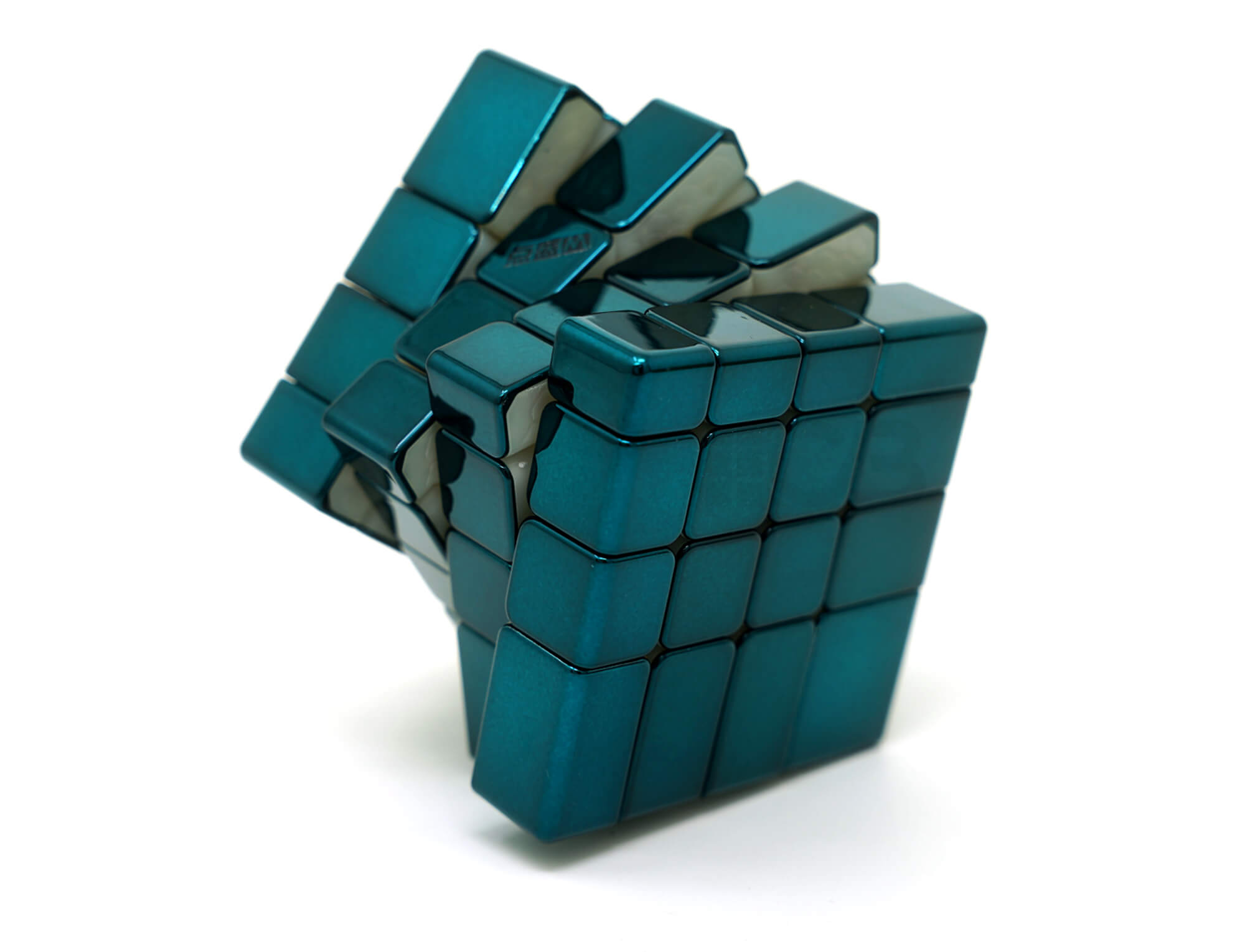 Mirror Blocks 4x4 Diansheng verde metálico — vista frontal do cubo montado