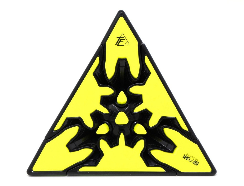 Vista lateral do Pyraminx Gear QiYi evidenciando o mecanismo de engrenagens entre as faces