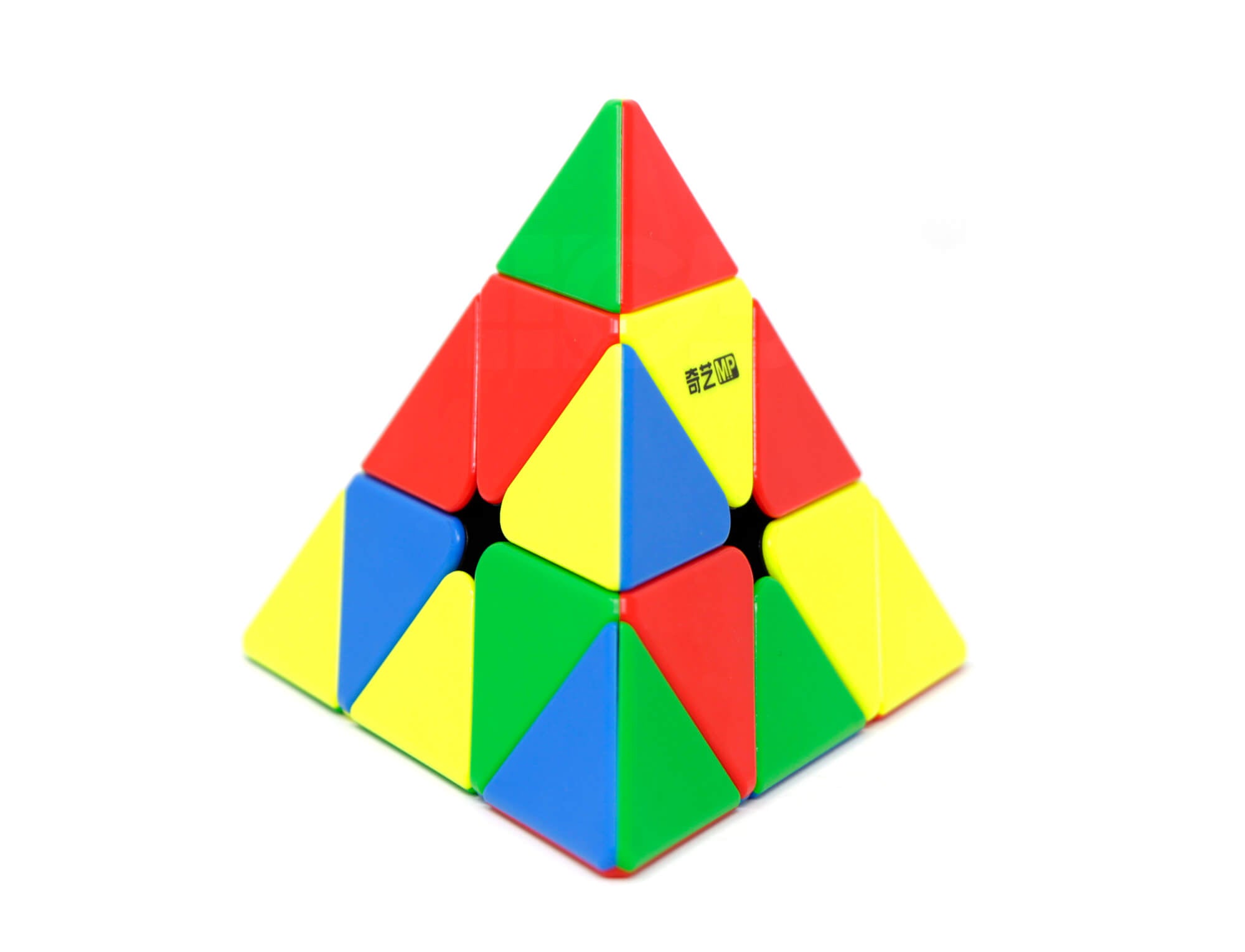 Pyraminx MP QiYi visto de cima, evidenciando a geometria triangular das camadas