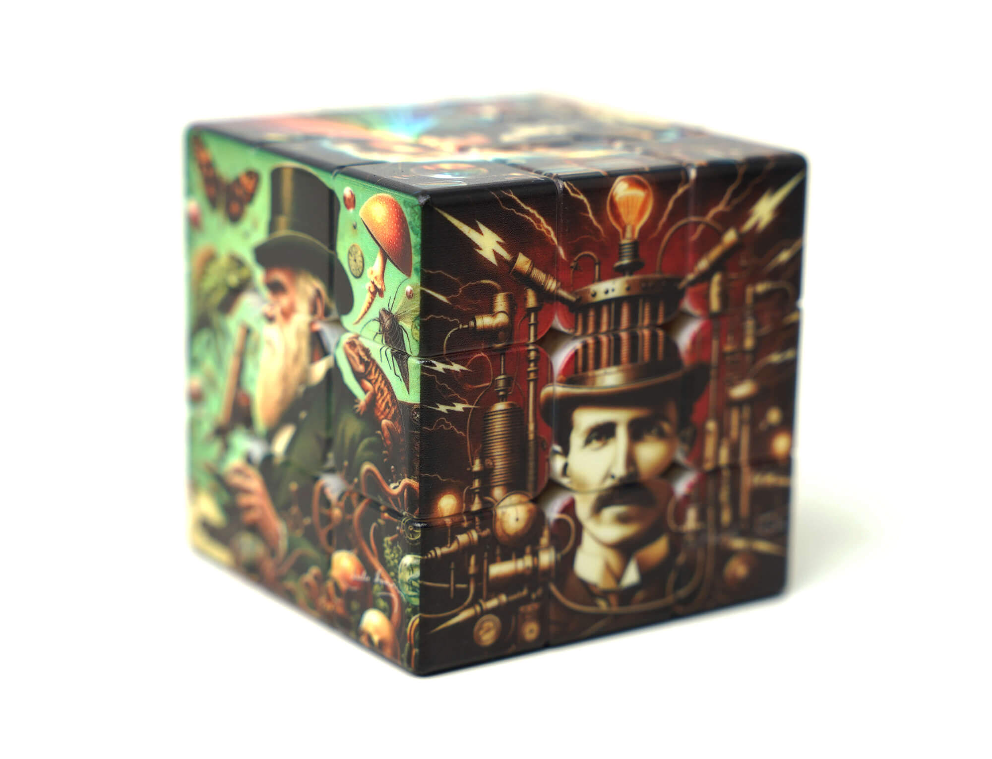 Face do Cubo Mágico Manual do Mundo com detalhe de engenhoca e elementos steampunk
