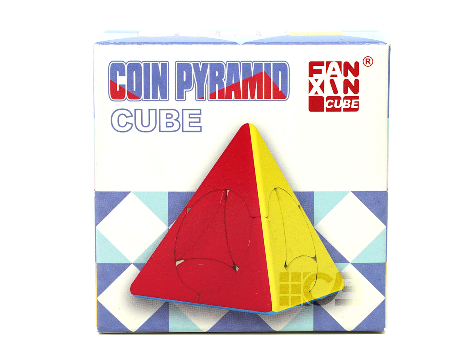 Pyraminx Pyramid Coin Fanxin colorido — visão do puzzle embaralhado sobre fundo branco