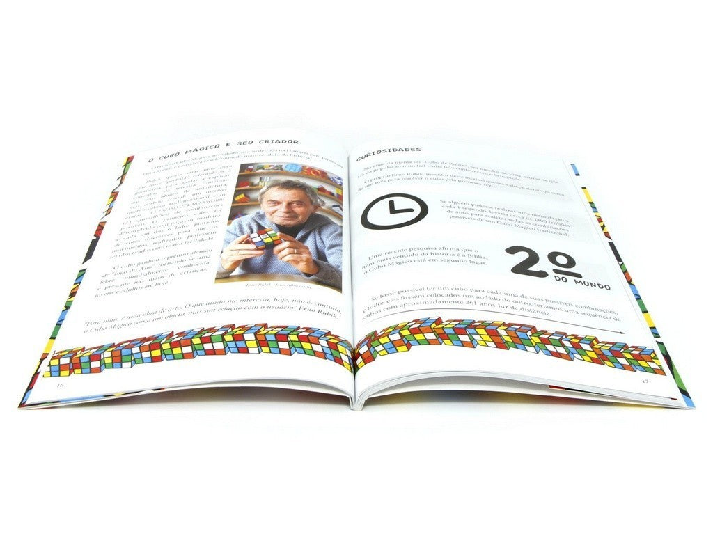 Páginas internas do livro O Segredo do Cubo Mágico com instruções ilustradas