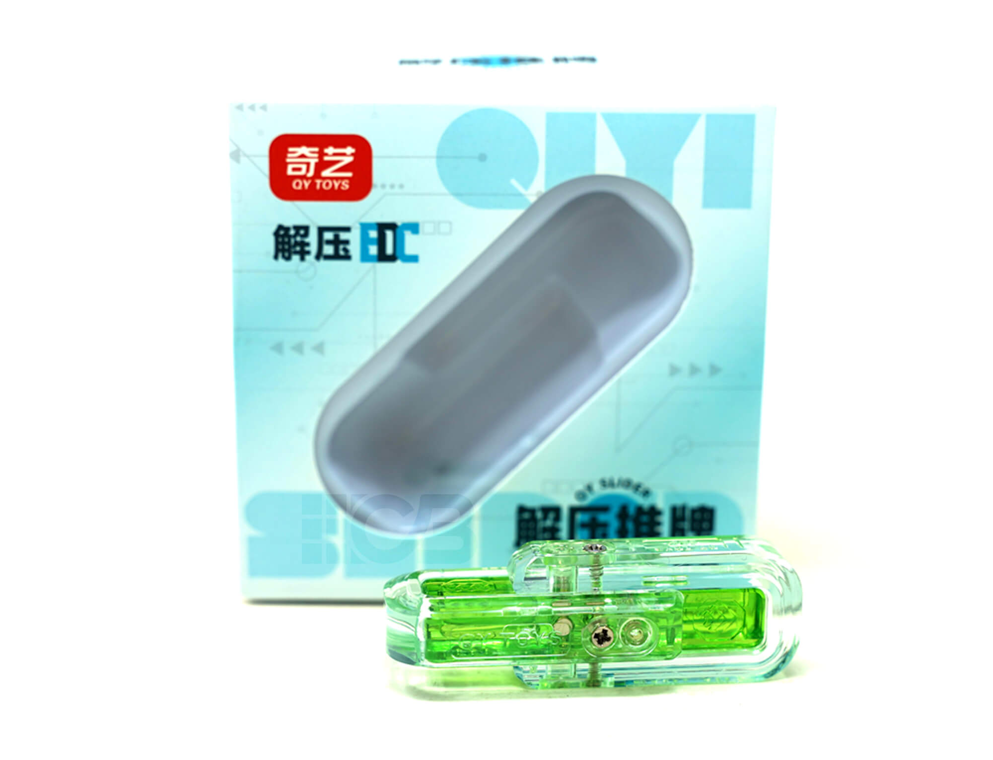 Fidget Slider verde QiYi — detalhe dos ímãs embutidos e encaixe entre as duas peças